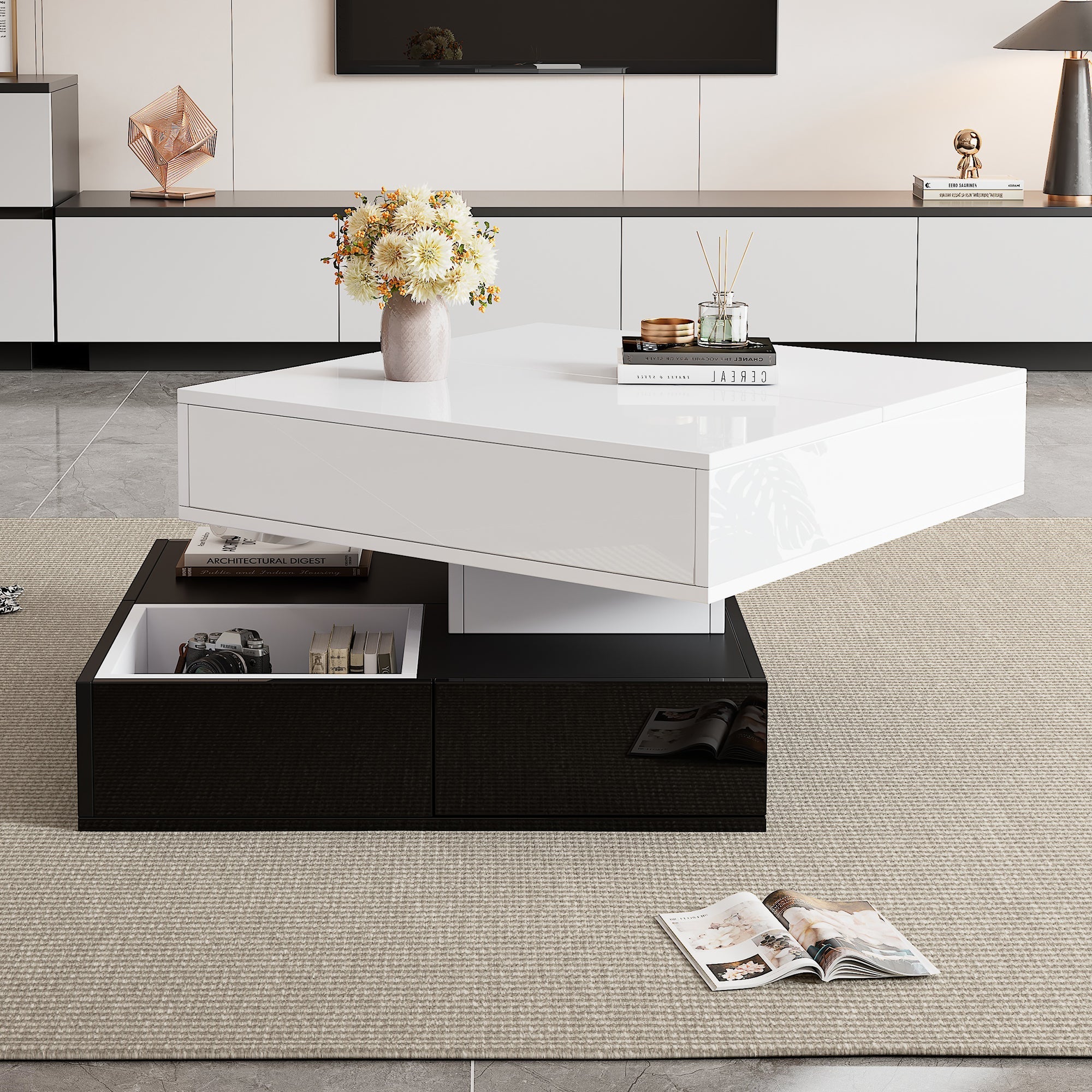Logidon salontafel 70x70 hefblad 360 graden draaibaar 3 lades wit