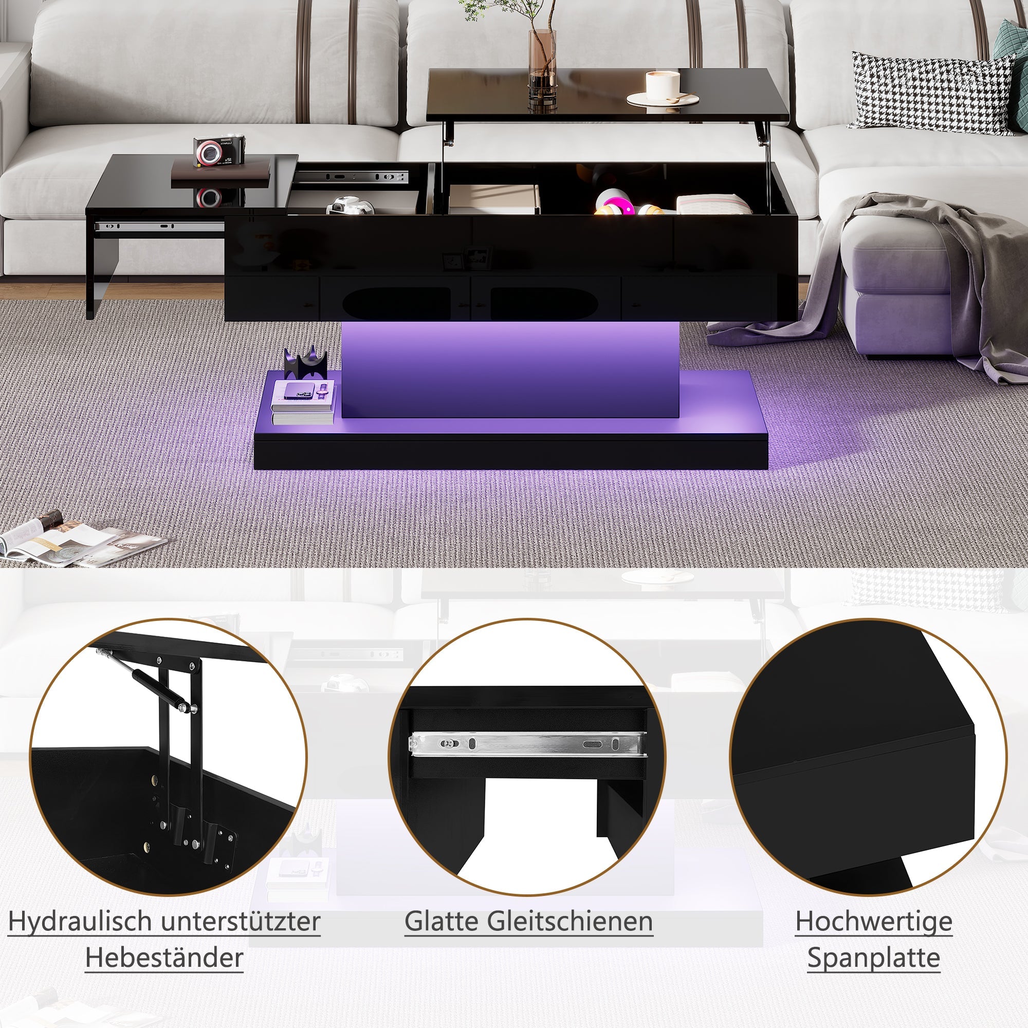 Logidon hoogglans liftsalontafel zwart 100x50x45 cm LED-verlichting