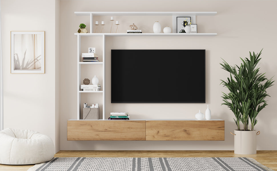 Logidon TV wandmeubel 180 cm wit houtlook met vitrinekasten