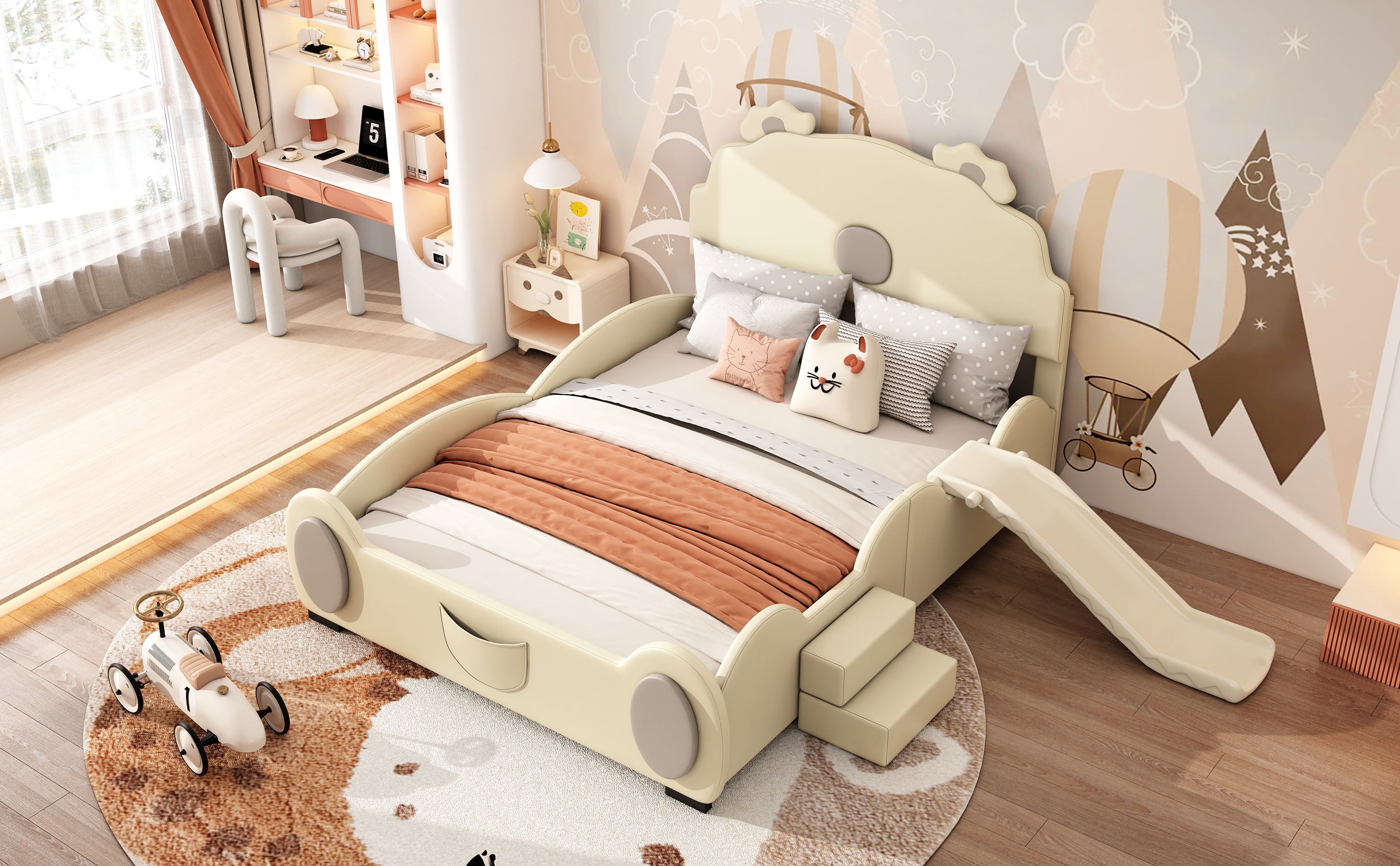 Logidon Cartoon Bear Bed 90x200 cm With Slide And Ladder Beige
