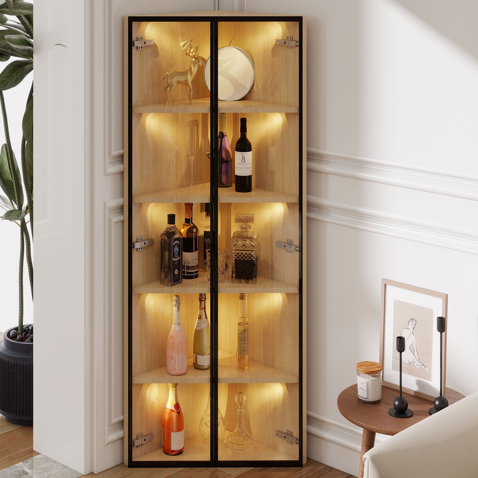 Logidon LED glazen vitrine 62 cm 35 cm 160 cm eiken hoekvitrine met deur