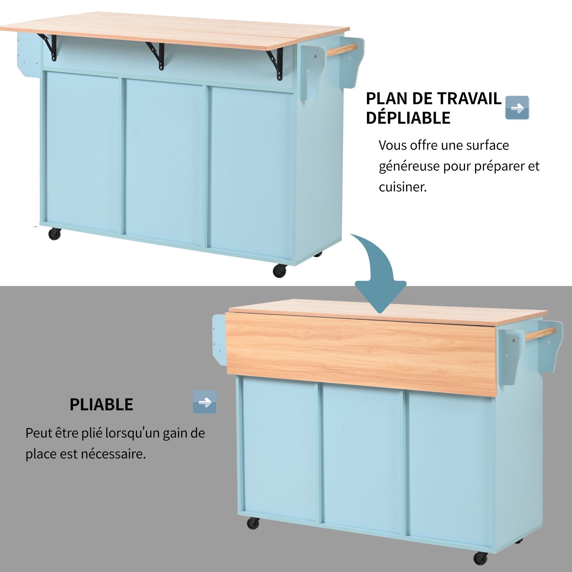 Logidon Eetwagen Blauw Massief Houten Werkblad Opvouwbaar 139x46x91,5 cm
