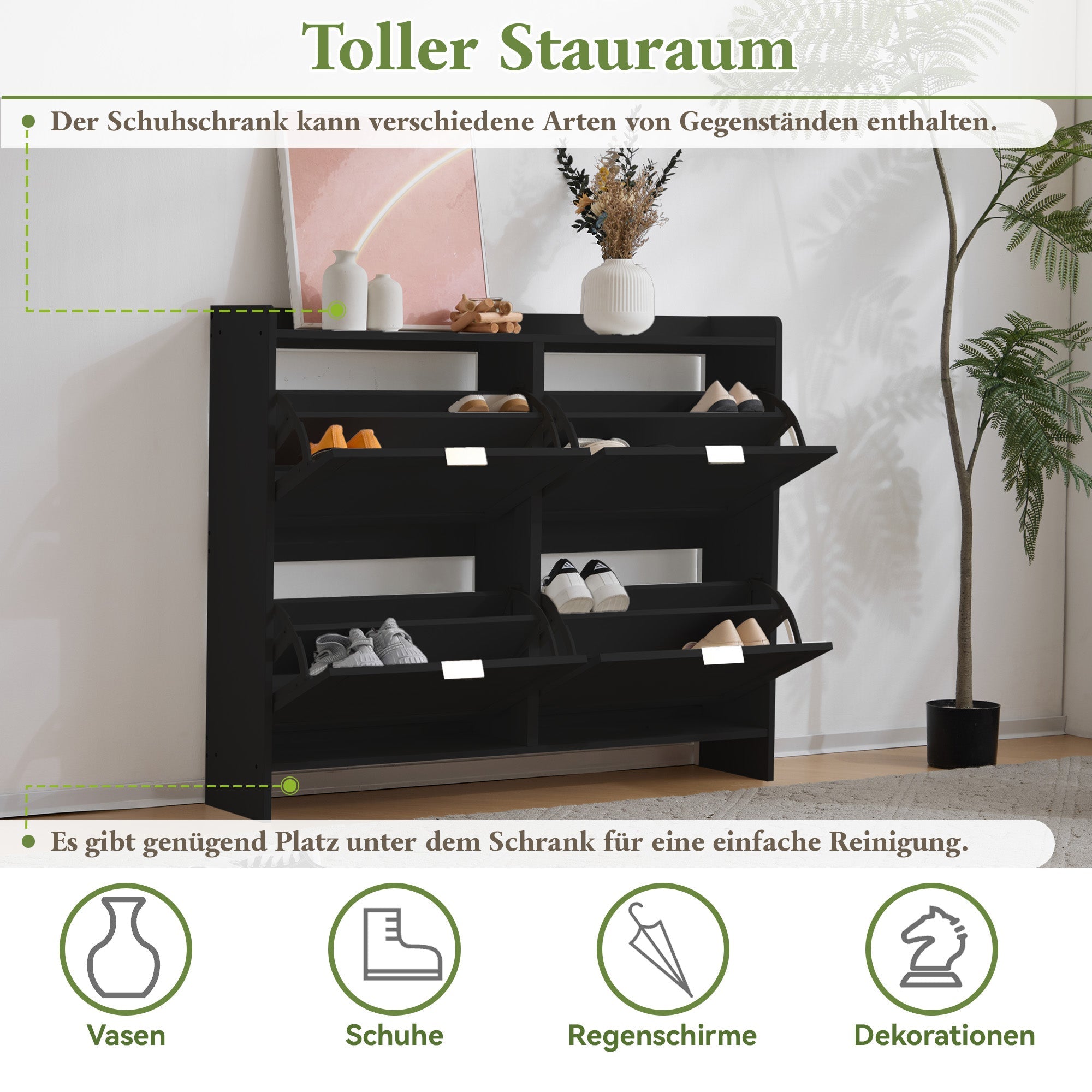 Logidon Moderne Schoenenkast Met 4 Kleppen Zwart 110 x 24 x 90 cm