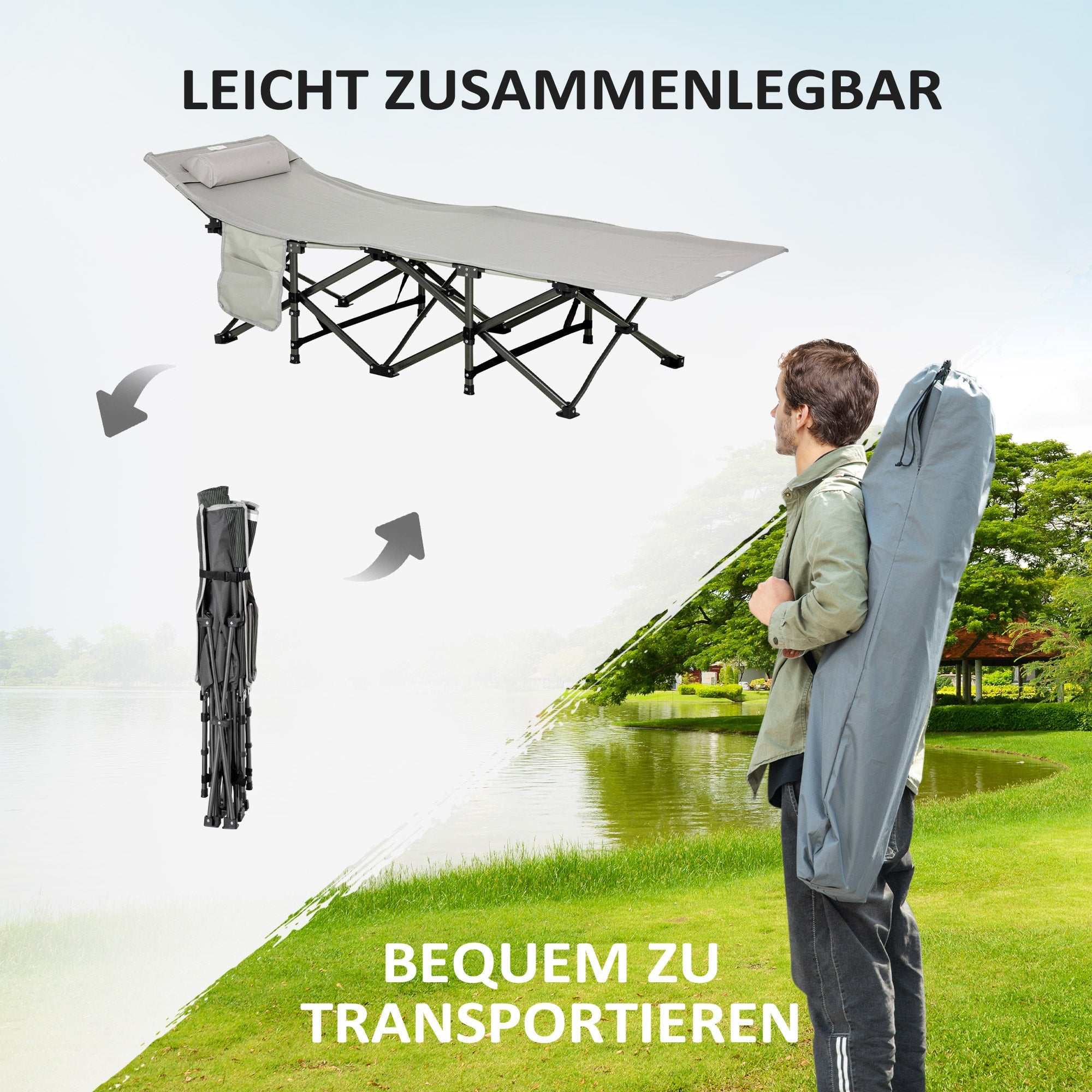 Logidon opklapbaar campingbedje met kussen lichtgrijs 188x64x53 cm