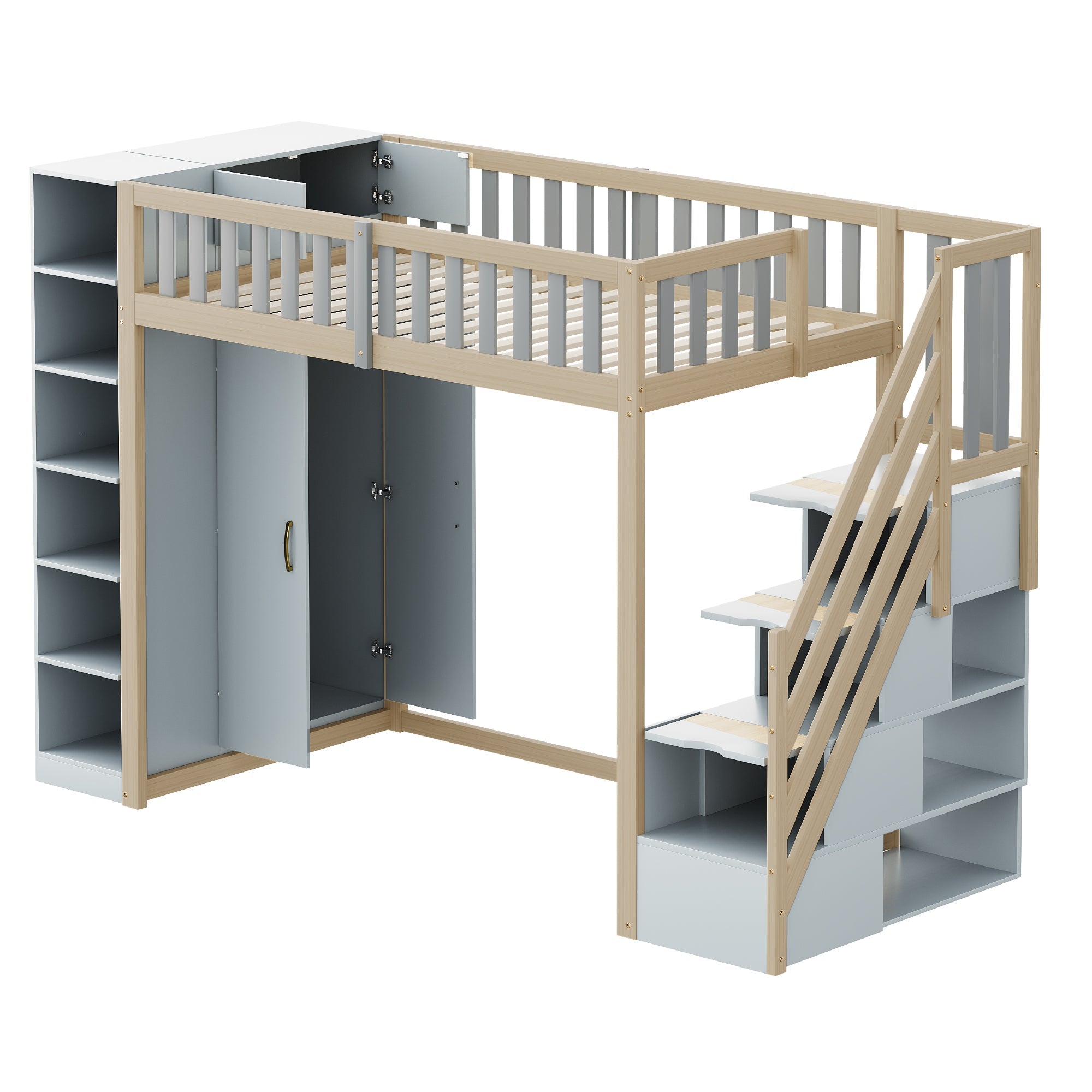 Logidon hoogslaper 90x200 multifunctioneel grijs natuurlijk hout met planken