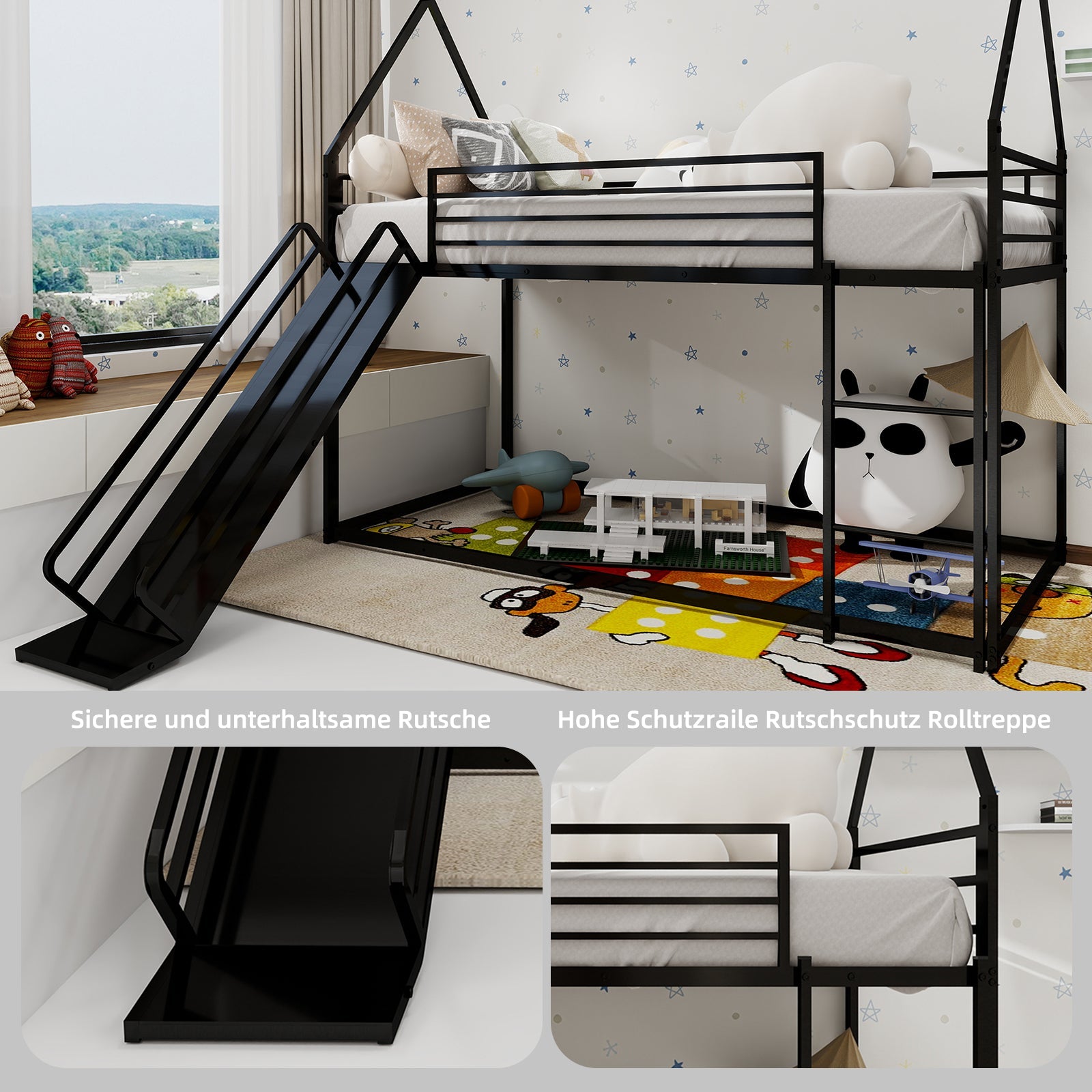 Logidon Twin over stapelbed met glijbaan Zwart