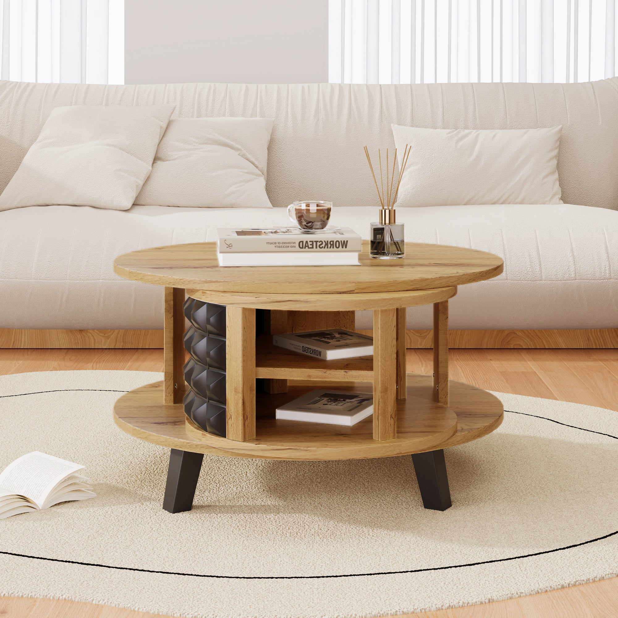 Logidon turntable with hidden shelf natural wood look 85x80x45 cm