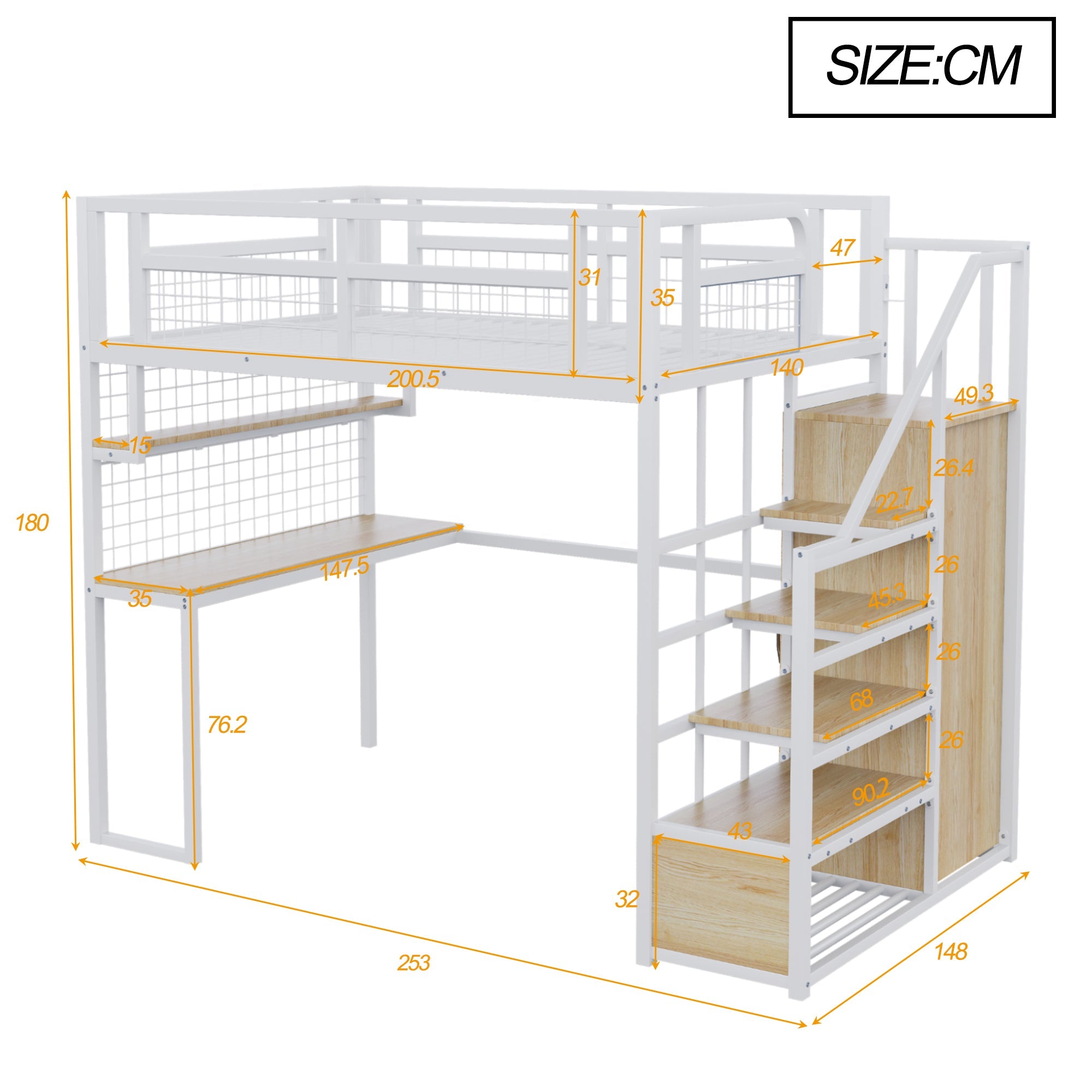 Logidon metalen hoogslaper 140x200 cm wit met opbergladder
