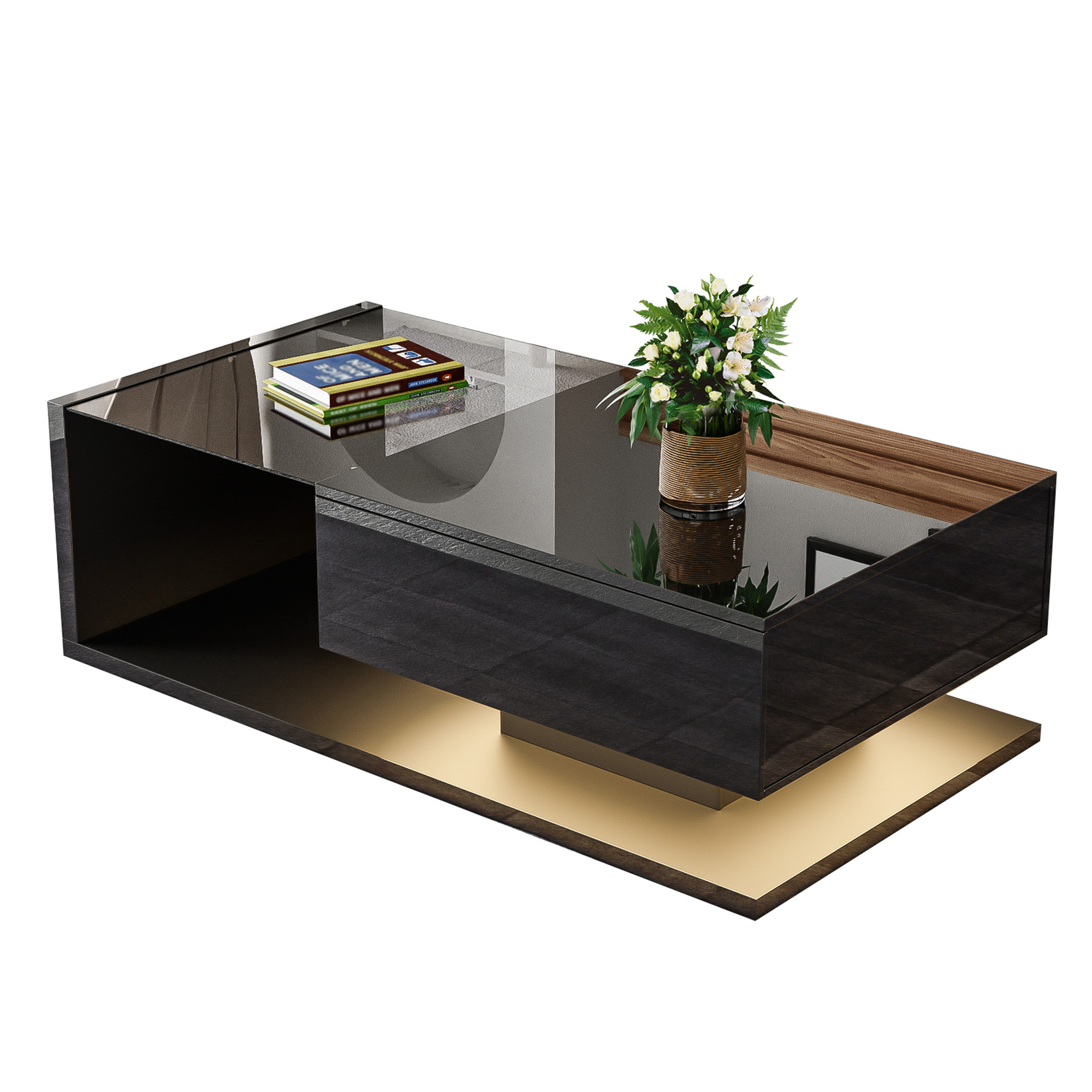 Logidon salontafel hoogglans zwart met glas en LED effect 105 cm