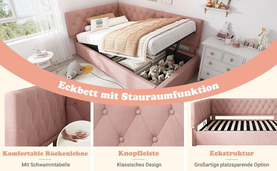 Logidon slaapbank 90x190 roze fluweel met hydraulische opbergruimte