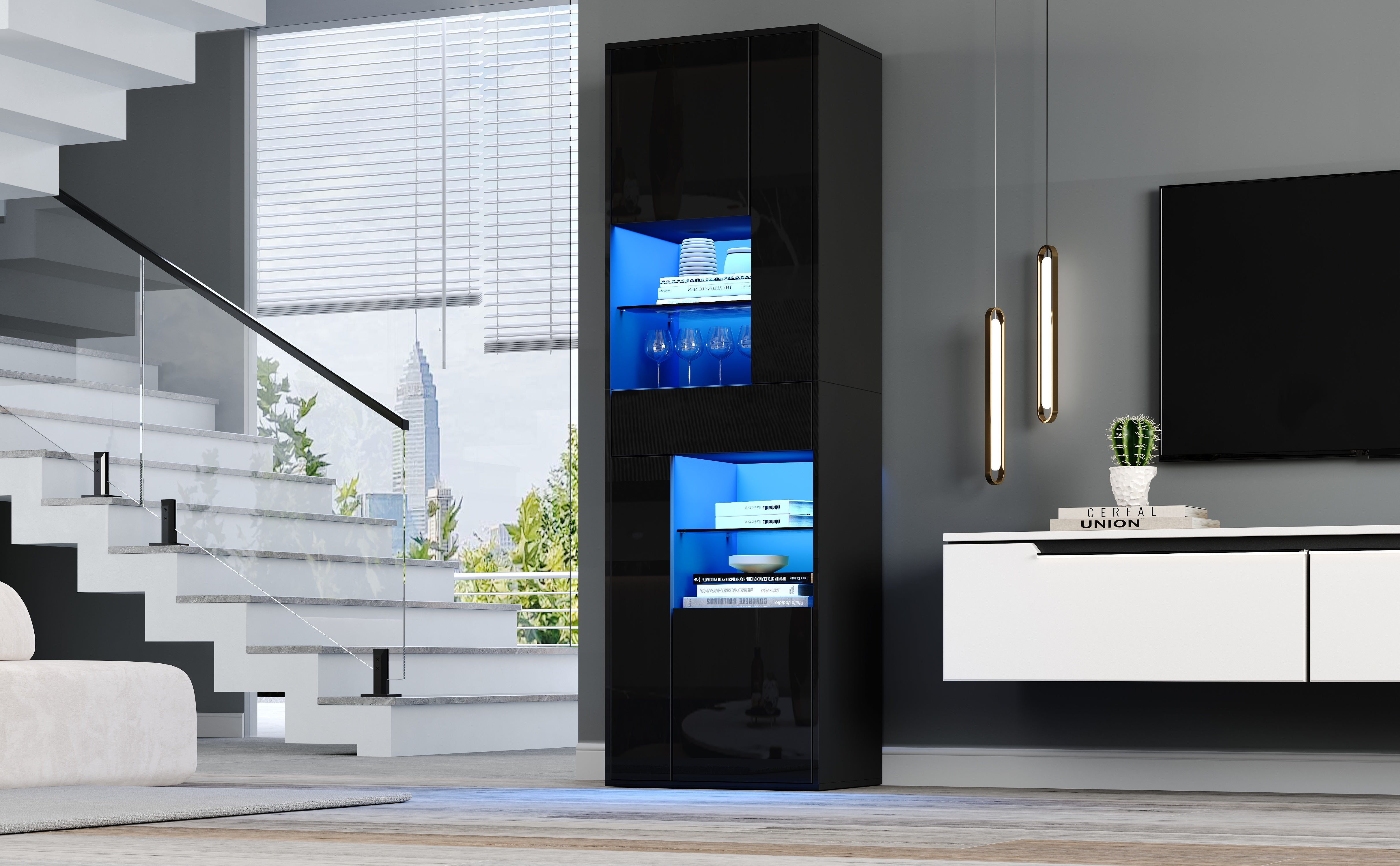 Logidon zwarte hoogglans glazen vitrine 55 x 38 x 170 cm LED-verlichting