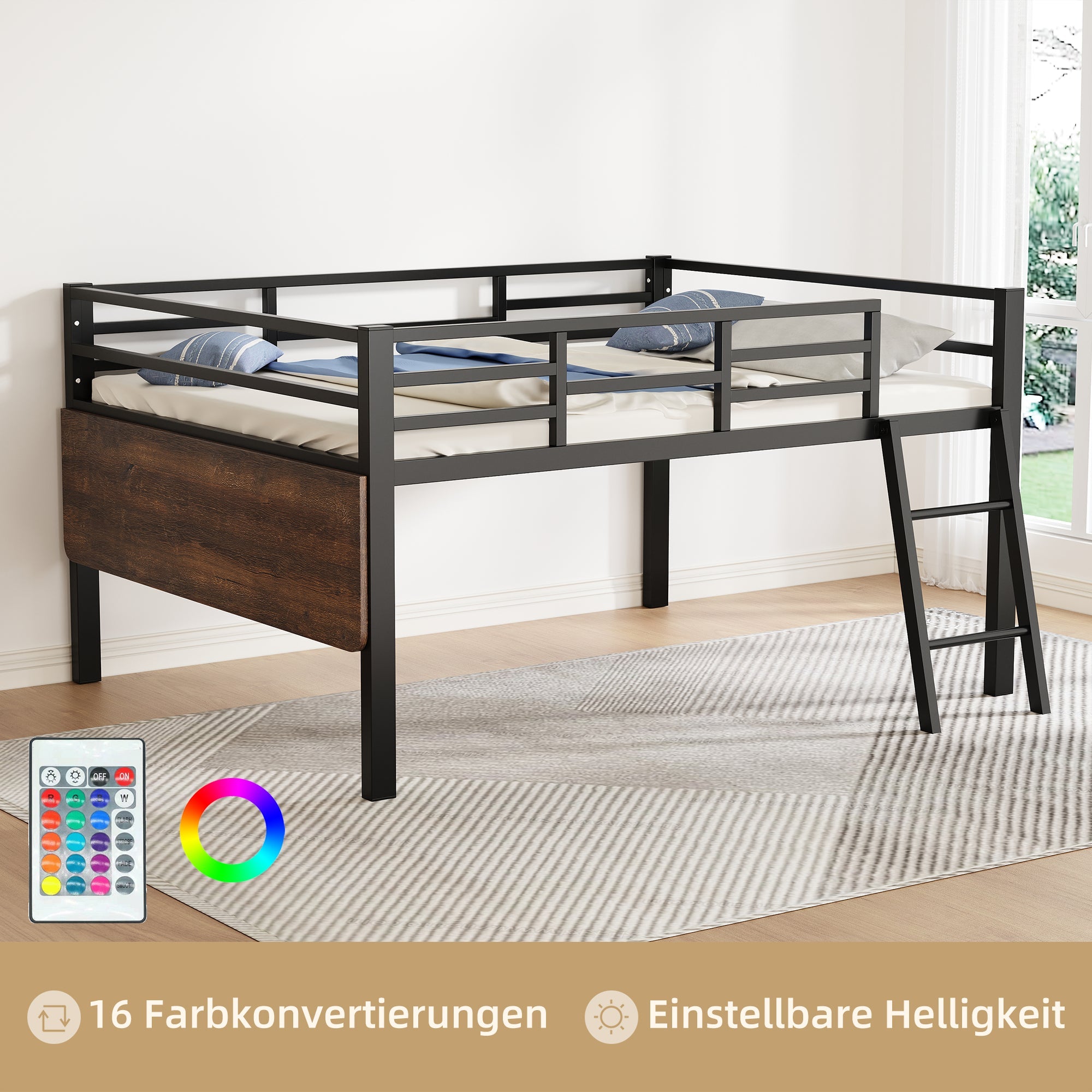 Logidon plat bed 140 x 200 cm metalen bed zwarte reling bureau