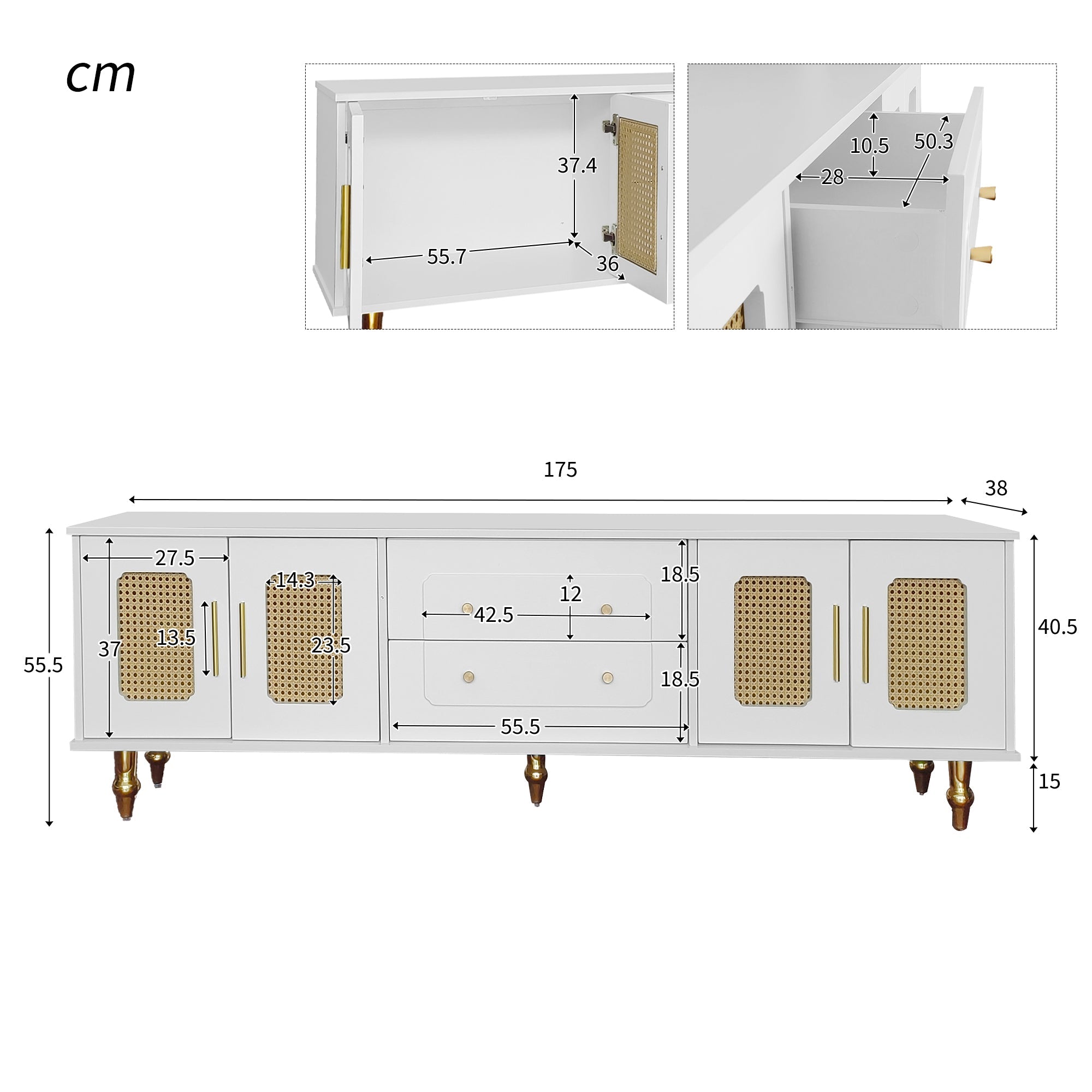 Logidon Lowboard Wit TV-meubel in retrostijl met gouden handgrepen