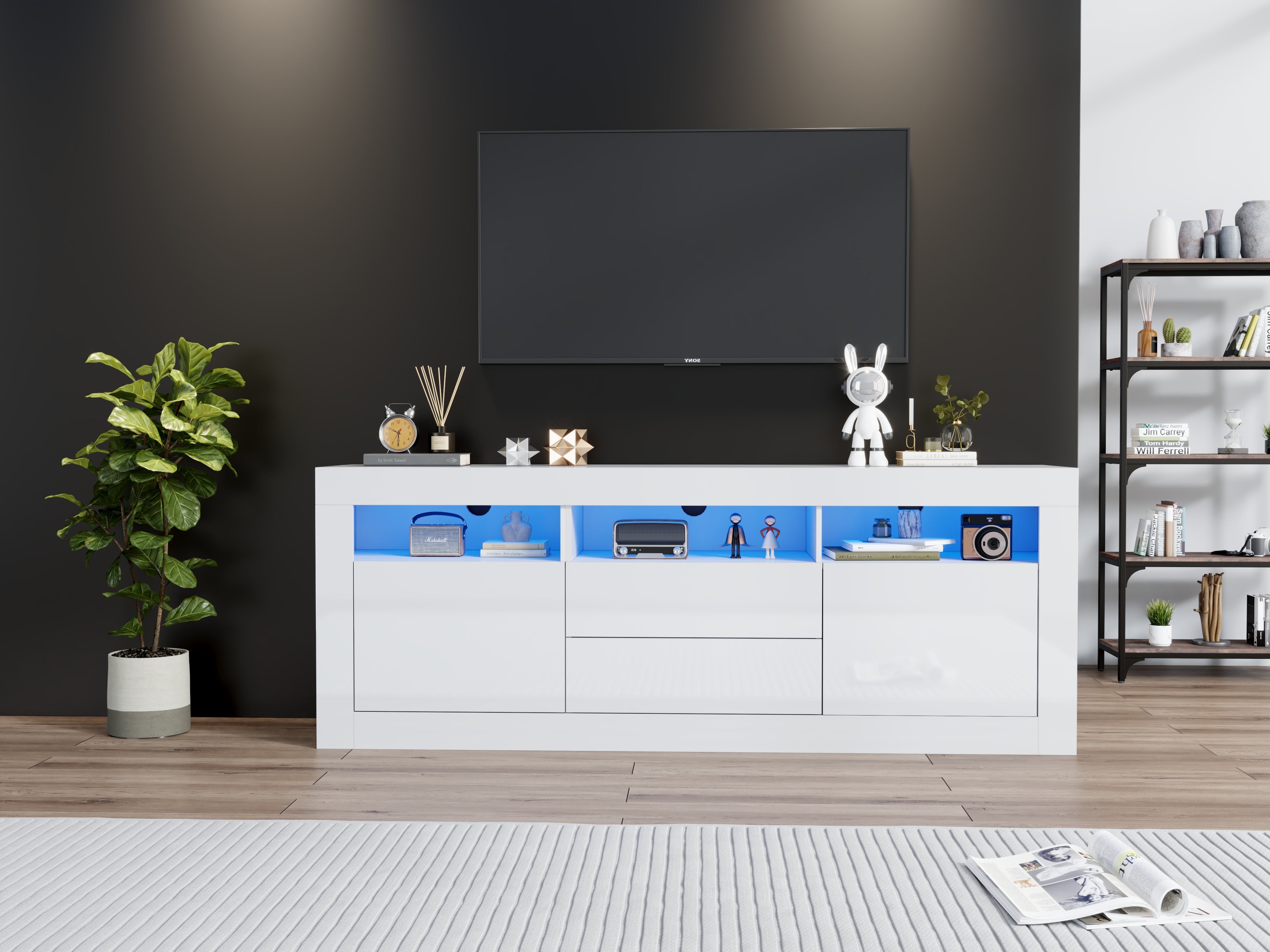 Logidon white high-gloss TV cabinet 160x35x60 cm with LED lighting