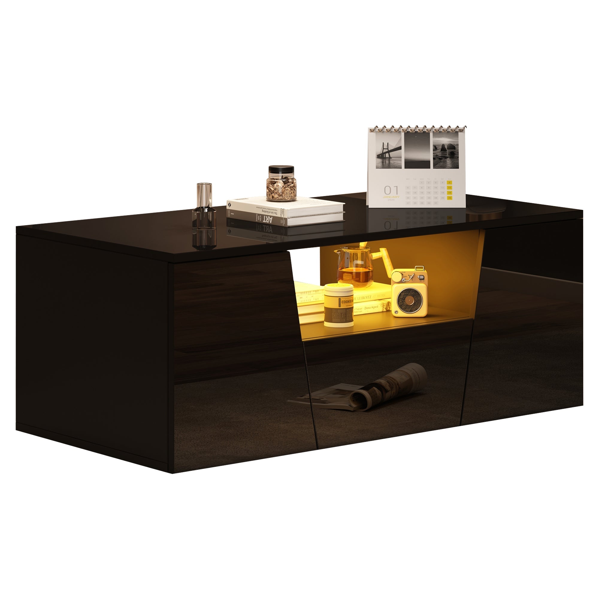 Logidon coffee table 100x50x40 cm black with LED 2 cabinets 1 drawer