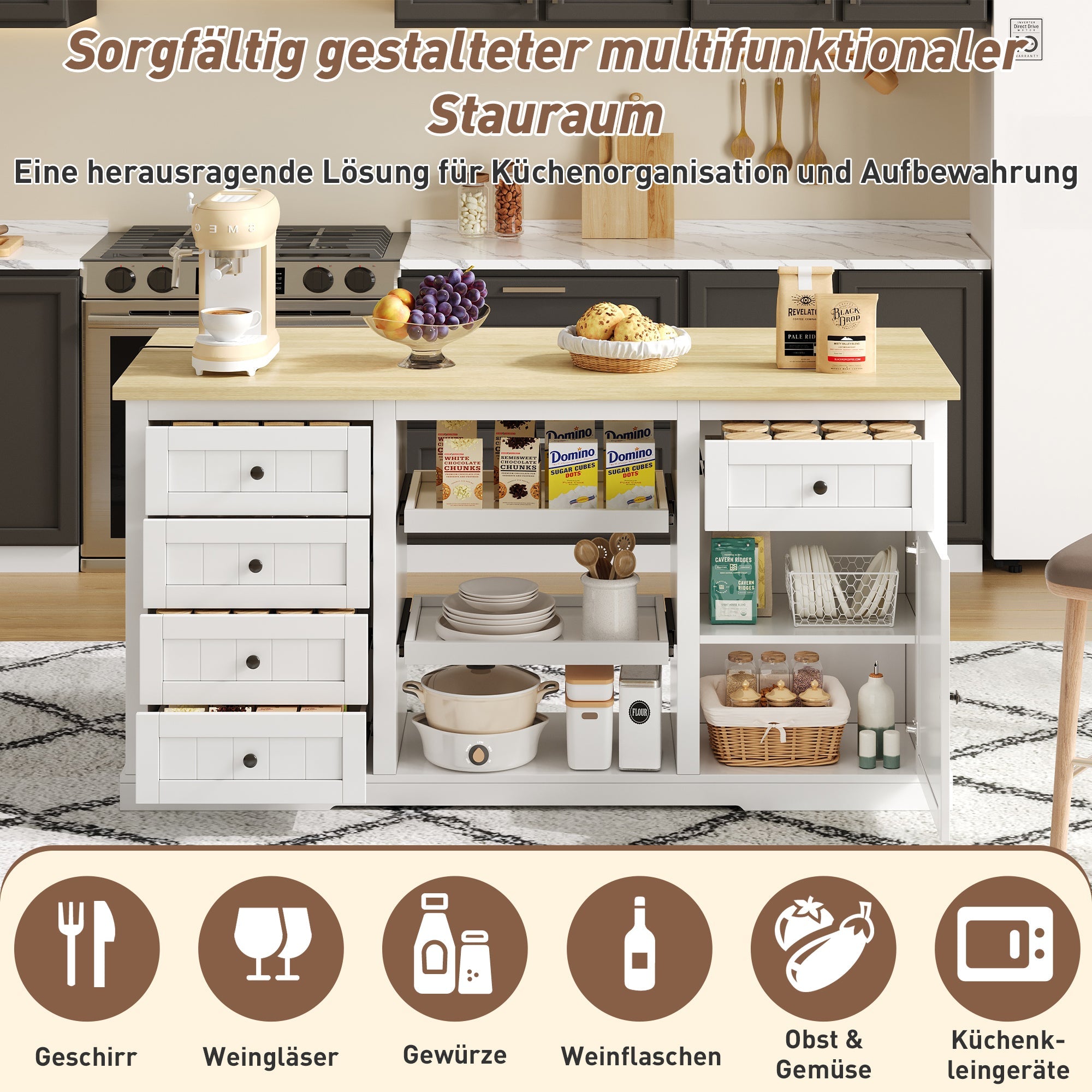 Logidon dressoir keukeneiland wit houten blad 5 laden 150x65x75 cm