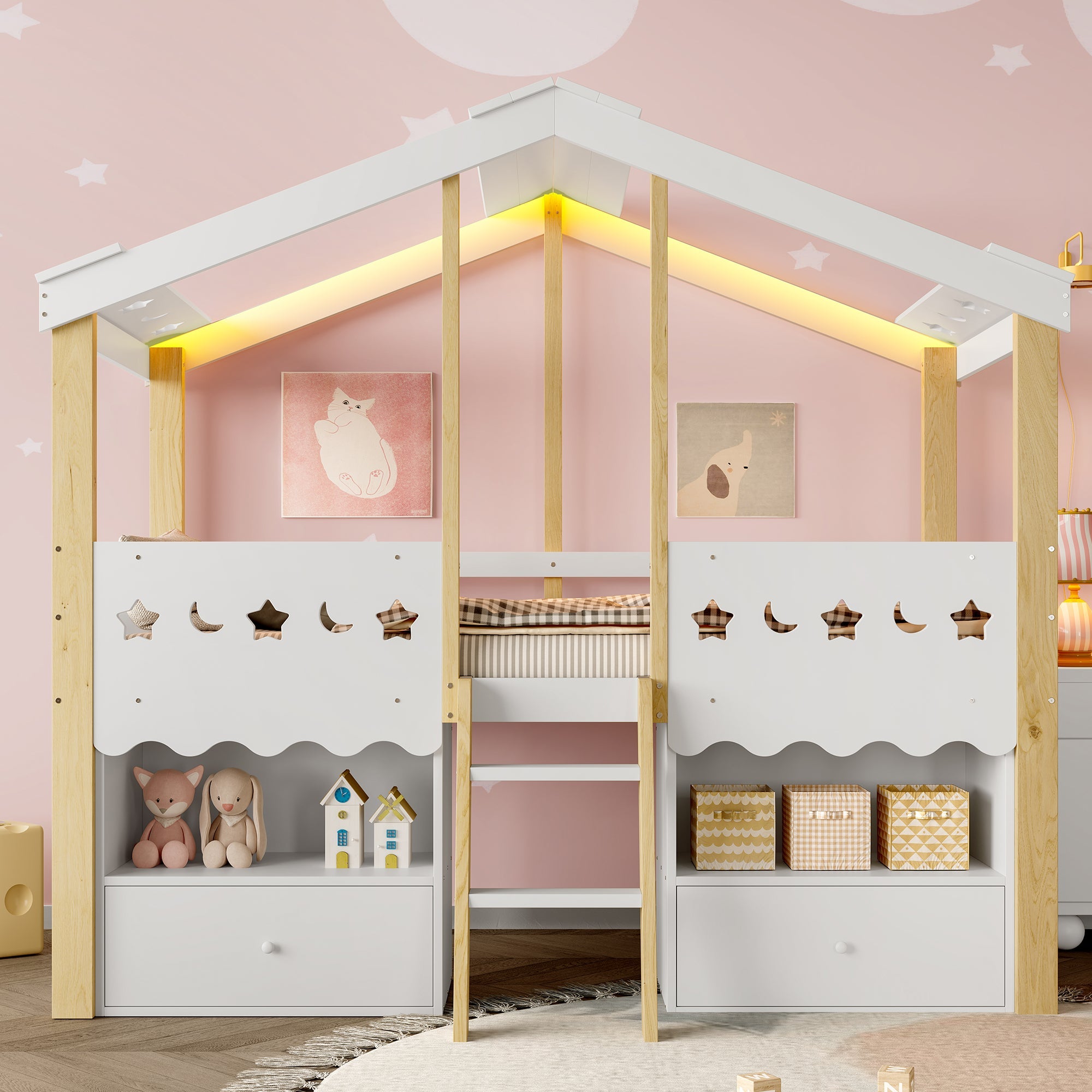 Logidon halfhoogslaper 90x200 huisvorm LED-lichtstrip 2 lades