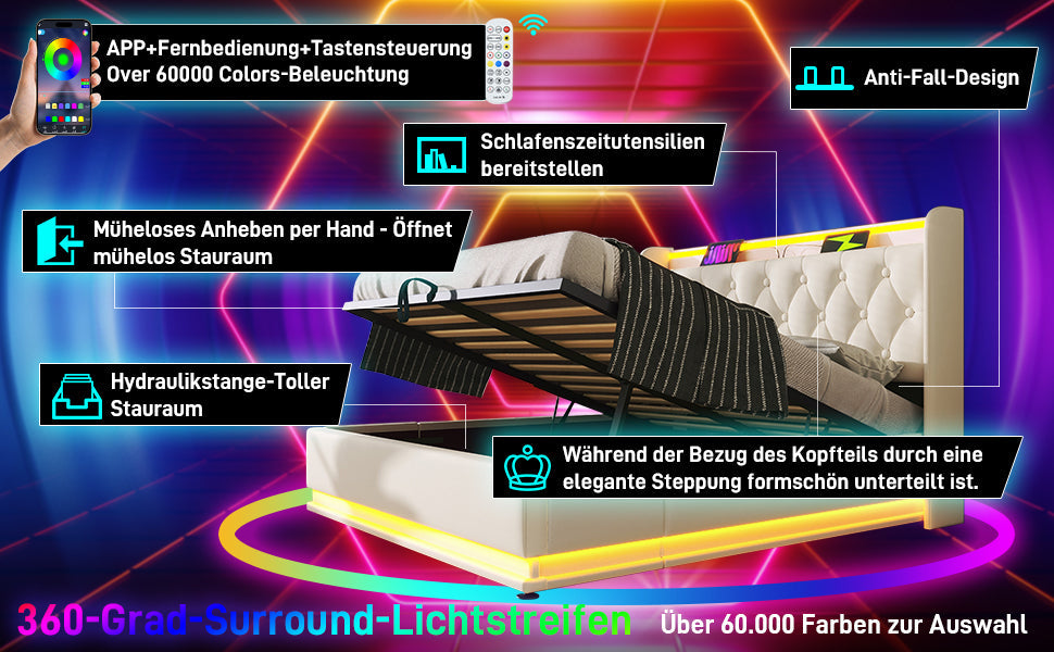 Logidon gestoffeerd bed 160x200 cm wit PU 360 surround LED USB C