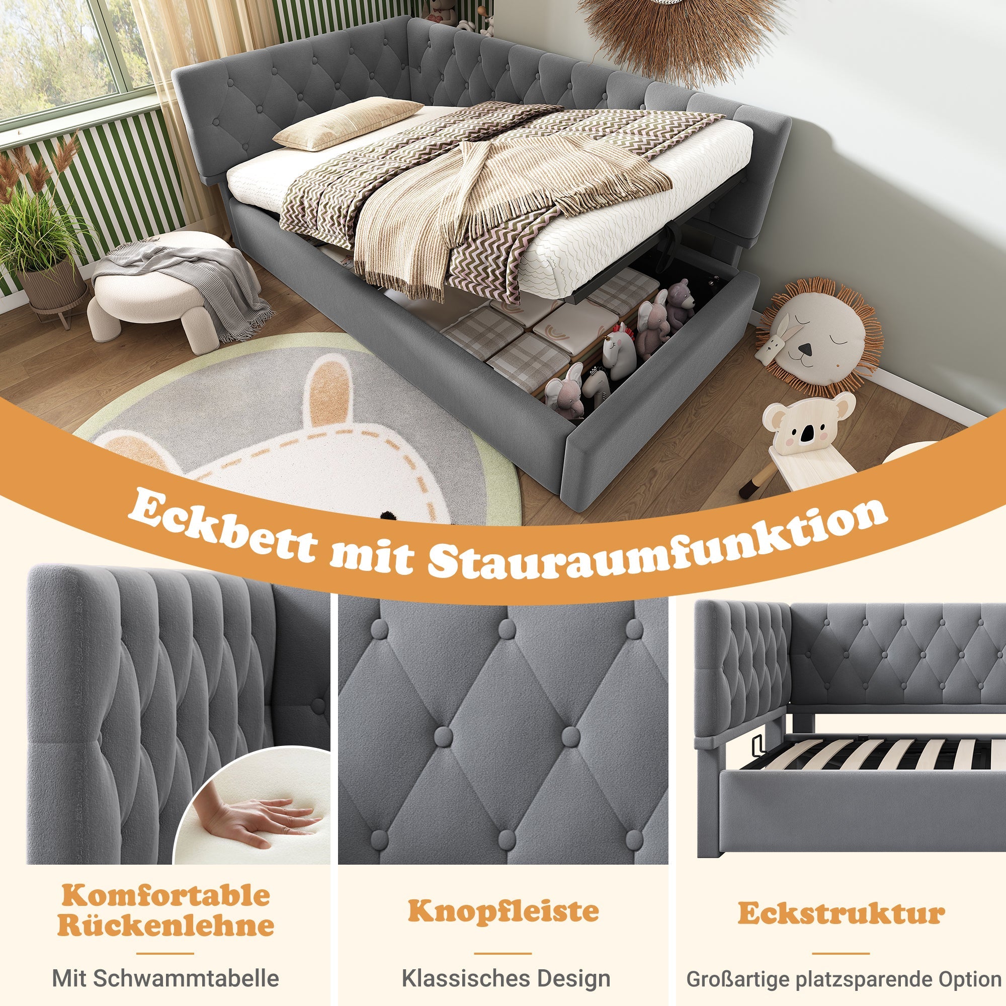 Logidon gestoffeerde dagbed 90x190 cm slaapbank met opbergruimte grijs