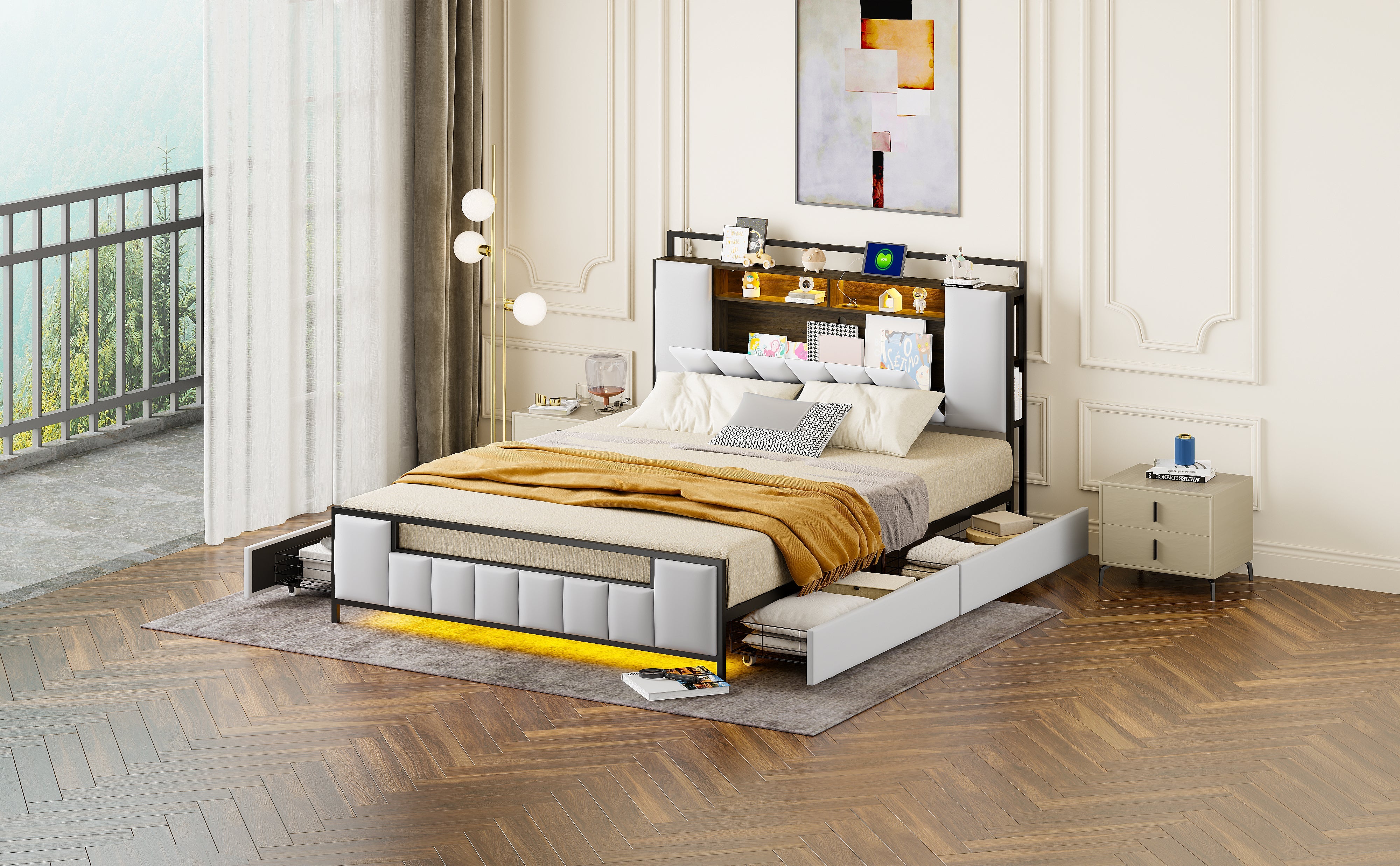 Logidon gestoffeerd bed 160x200 cm beige kunstleer met LED en USB