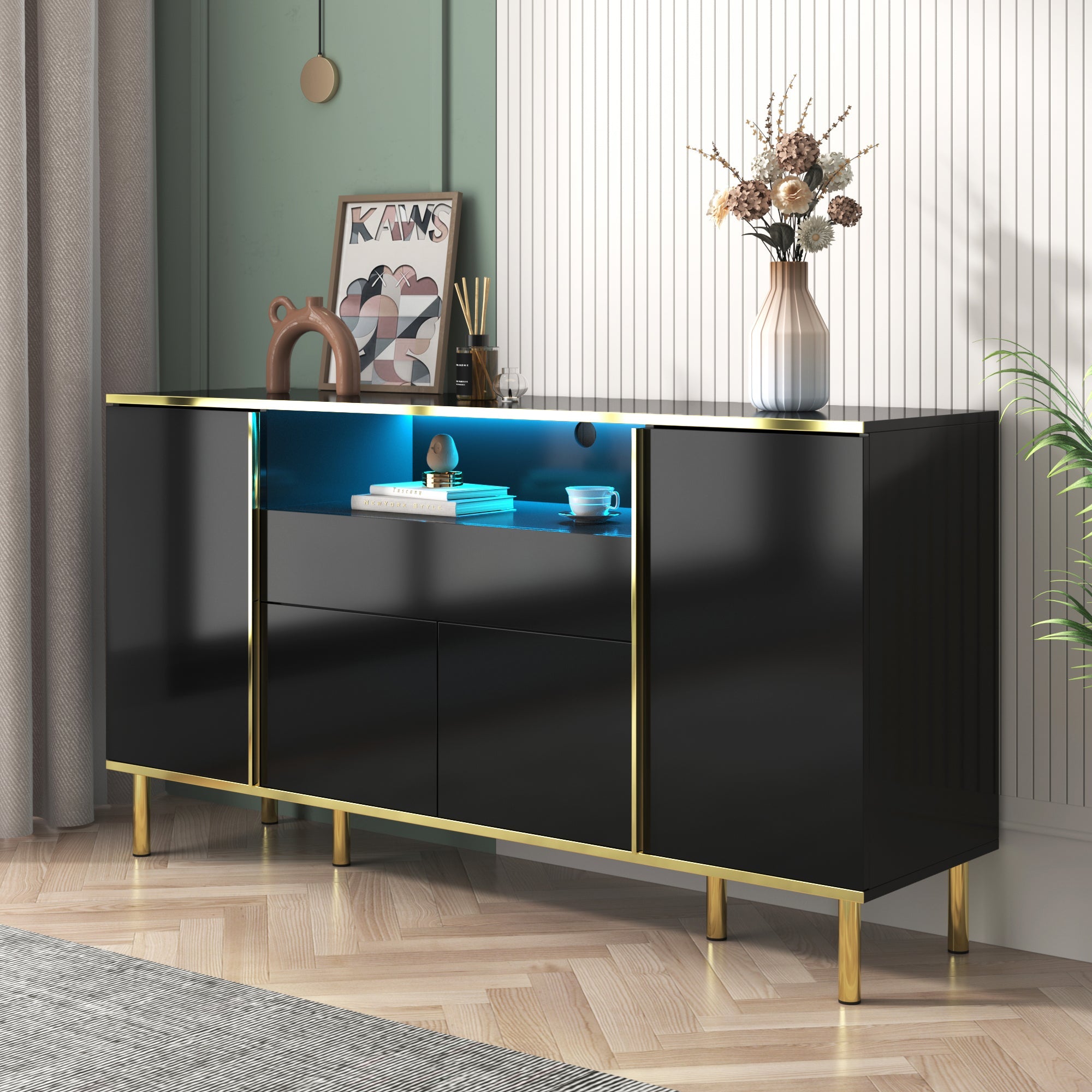 Logidon high-gloss sideboard black 150x40x80 with LED accents