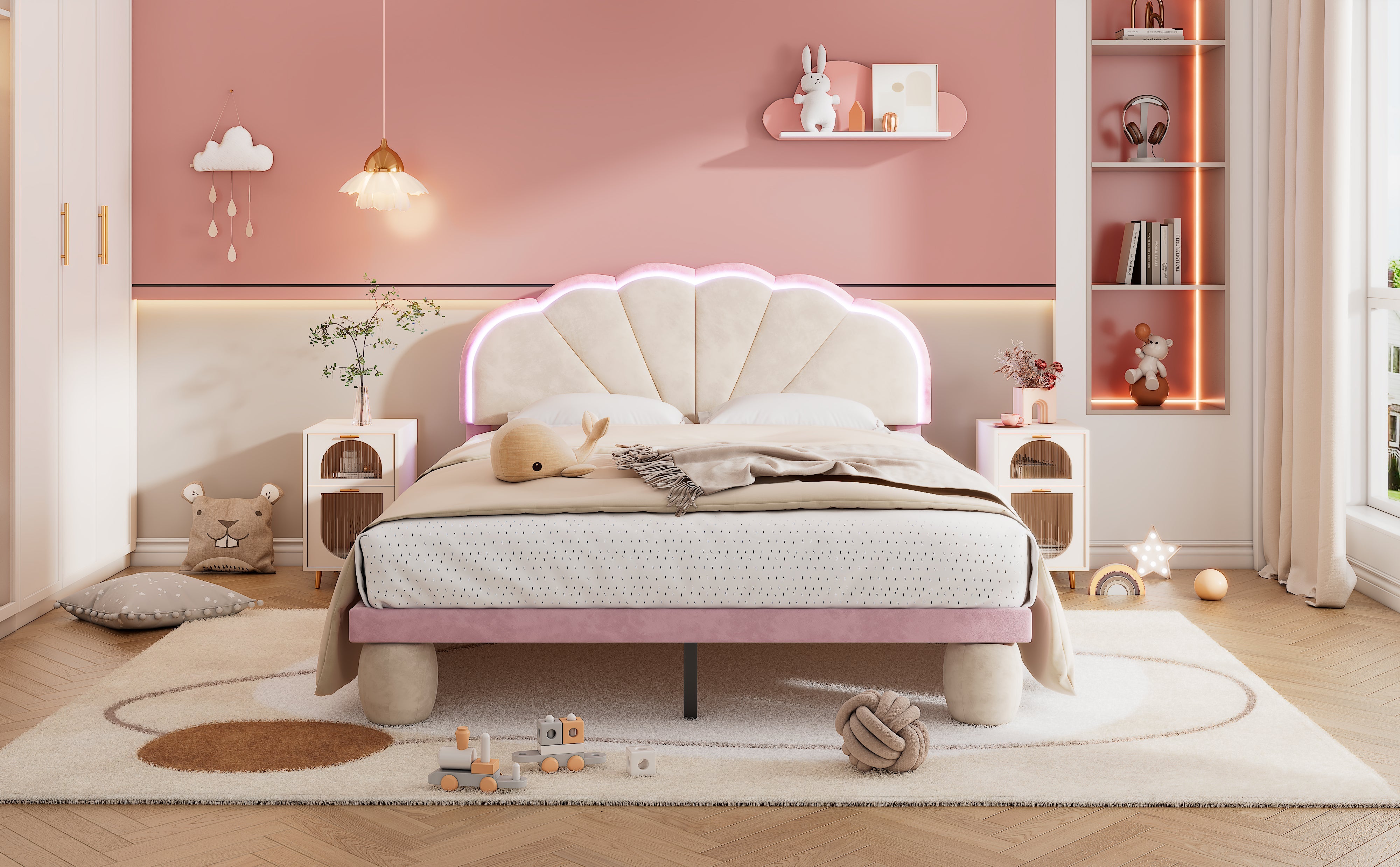 Logidon gestoffeerd bed 140x200 beige roze LED-lichtstrips