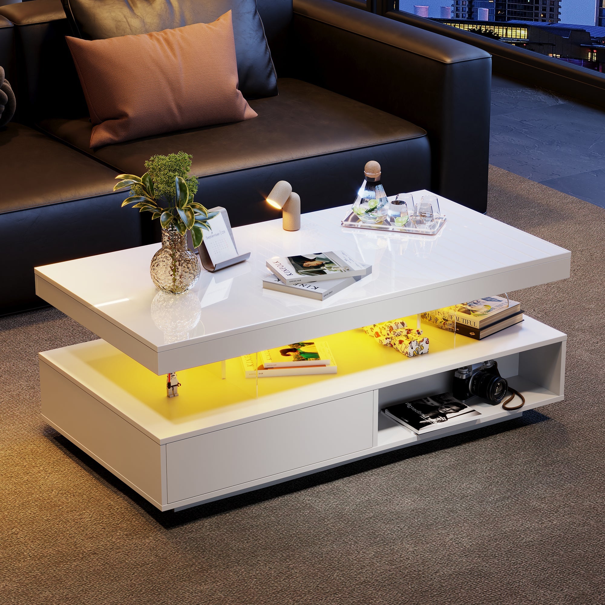 Logidon Witte Hoogglans Salontafel 95x50 cm Met Glazen Bladen