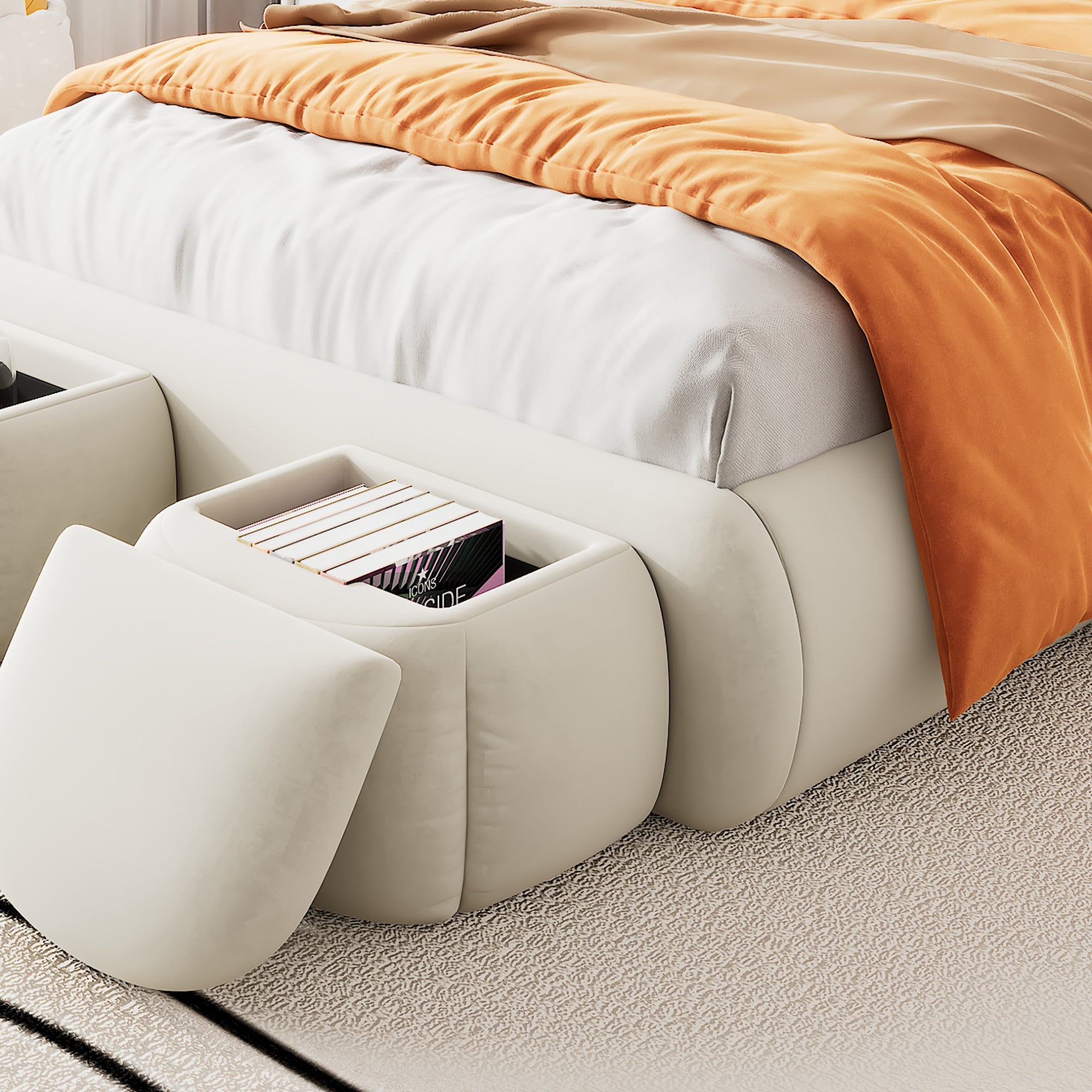Logidon gestoffeerd bed 90x200 beige fluwelen opbergkruk met konijnenoren