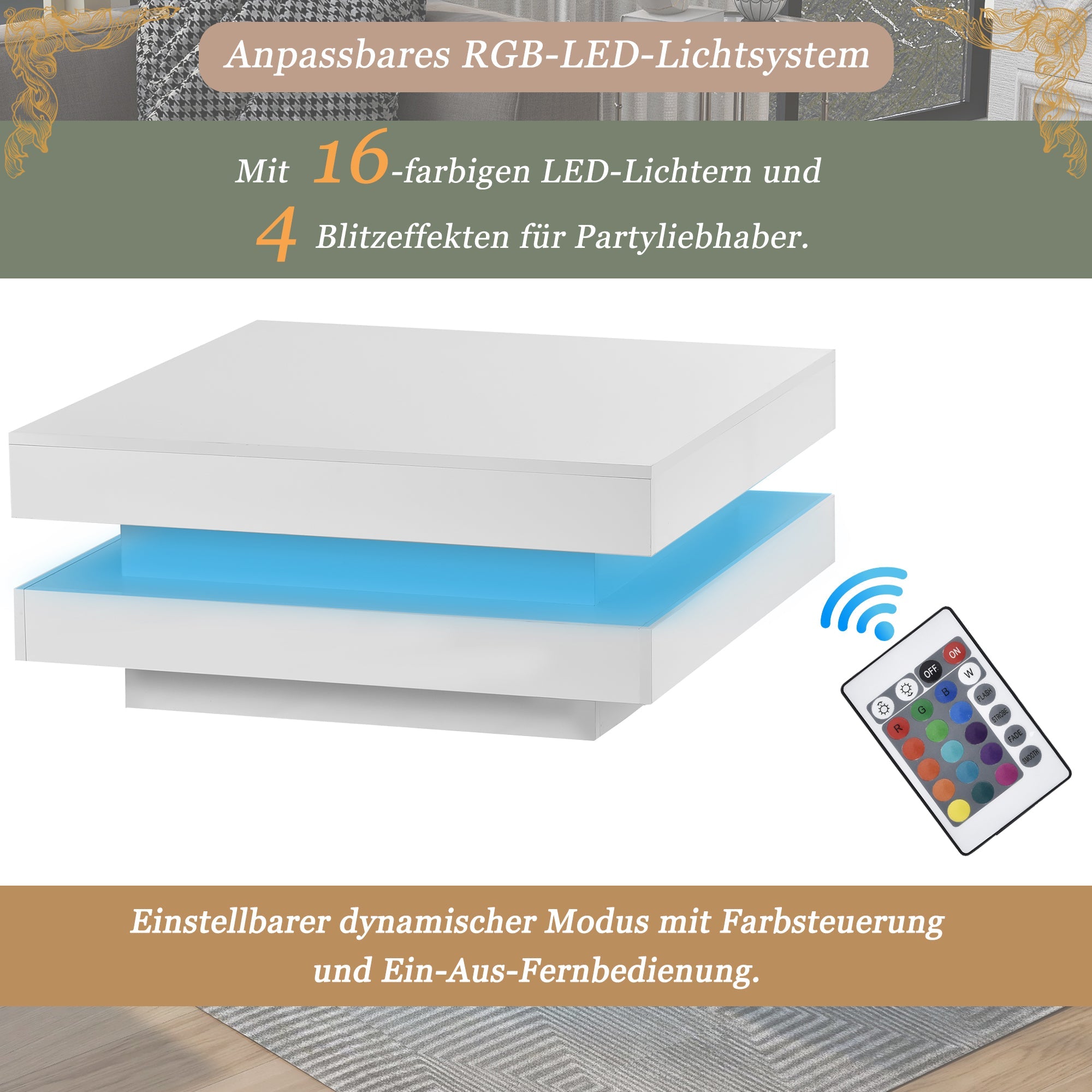 Logidon witte hoogglans salontafel 70x70x36 cm met draaiplaat en 16-kleuren LED