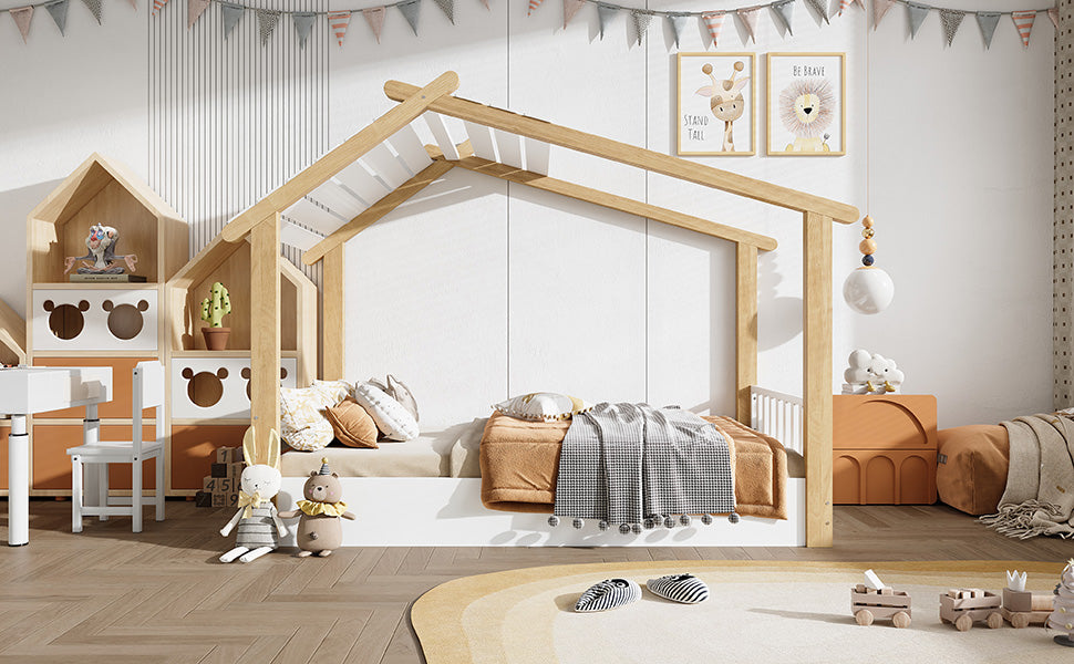 Logidon children's bed 90x200 cm white natural - wooden house design slatted frame