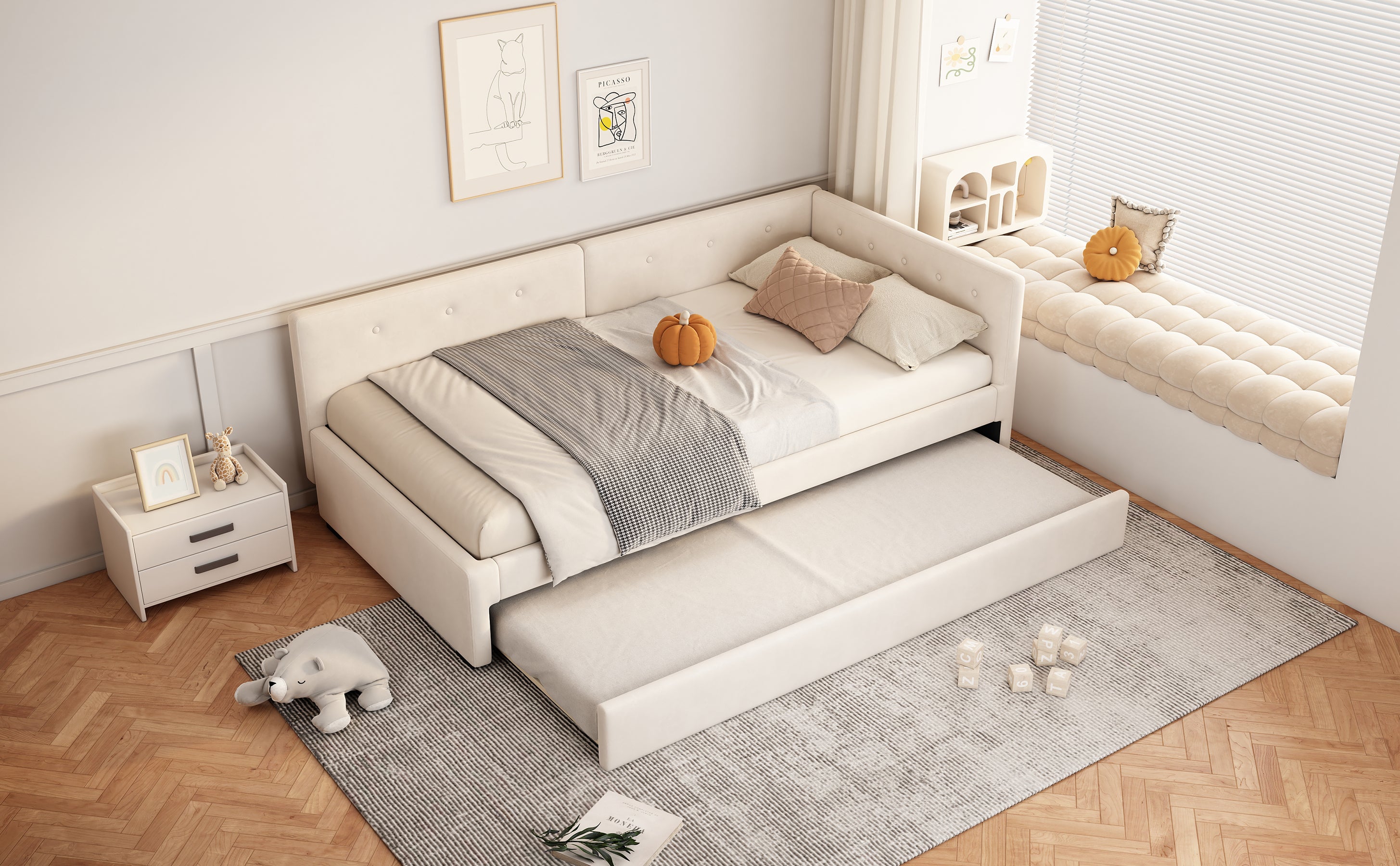 Logidon gestoffeerd bed 90x200 cm beige met lattenbodem en hoofdbord