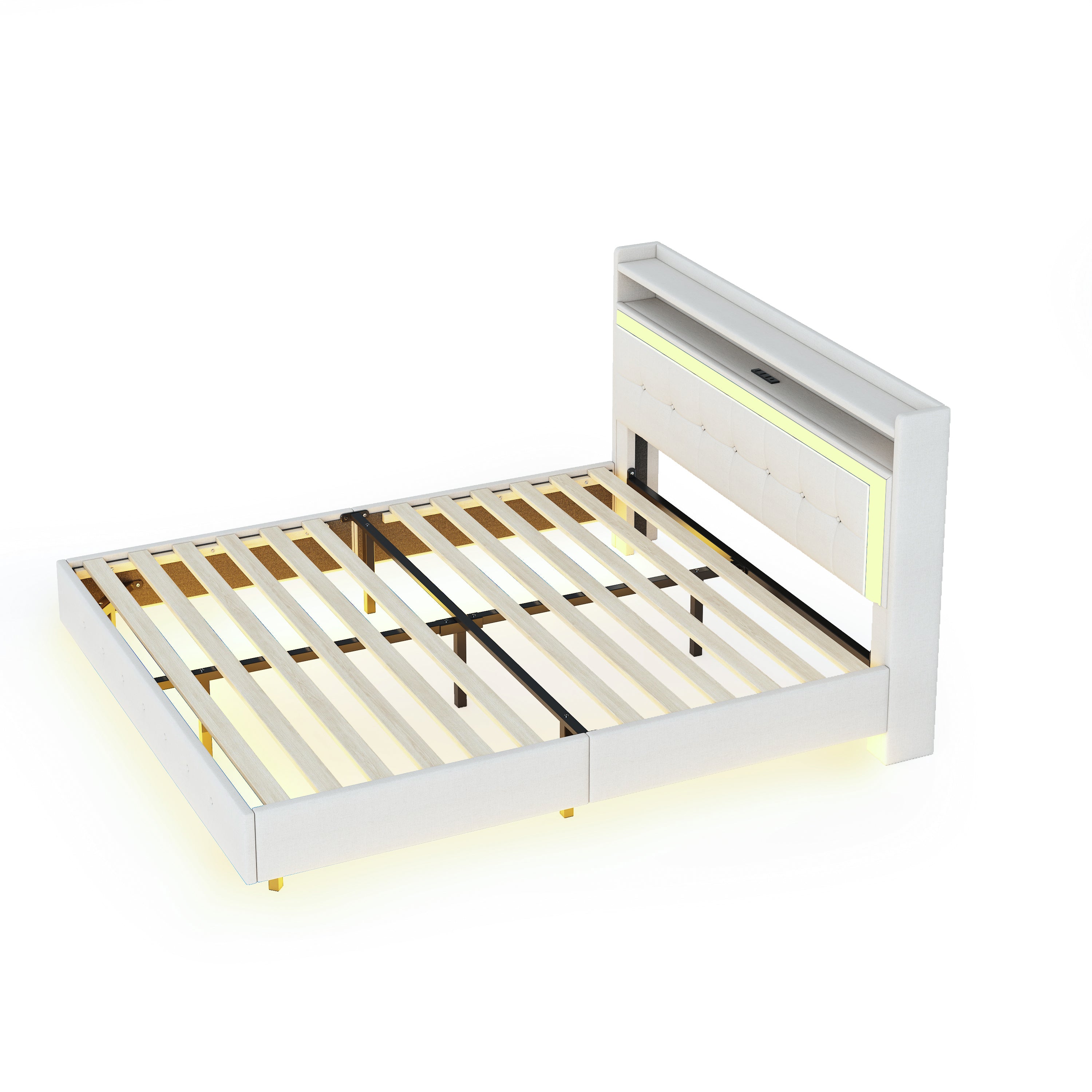 Logidon gestoffeerd bed 140x200 beige linnen met USB-aansluiting LED-verlichting