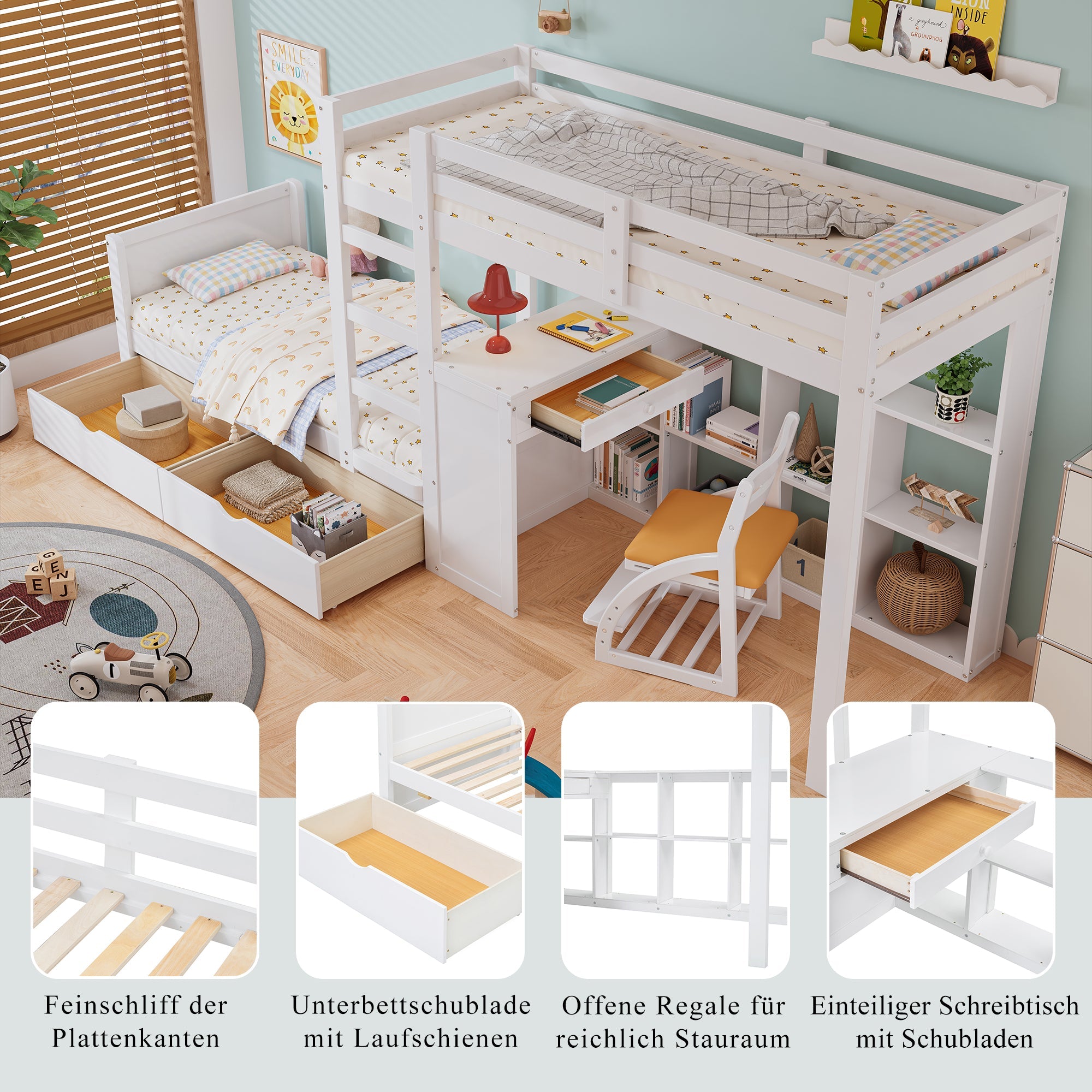 Logidon stapelbed 90x200 cm witte drietrapsladder met bureau