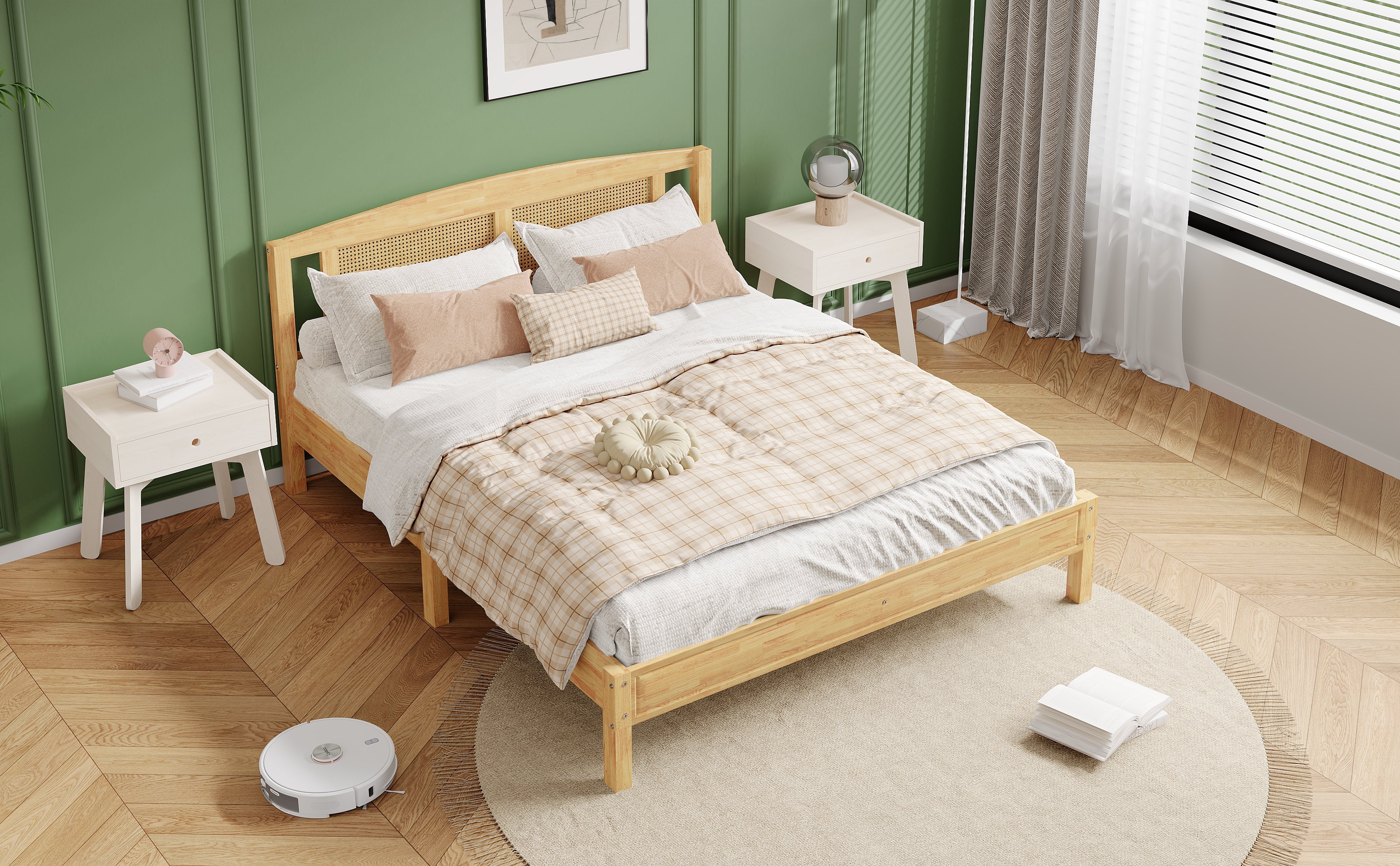 Logidon double bed 160x200 cm wood with natural rattan 15 slats
