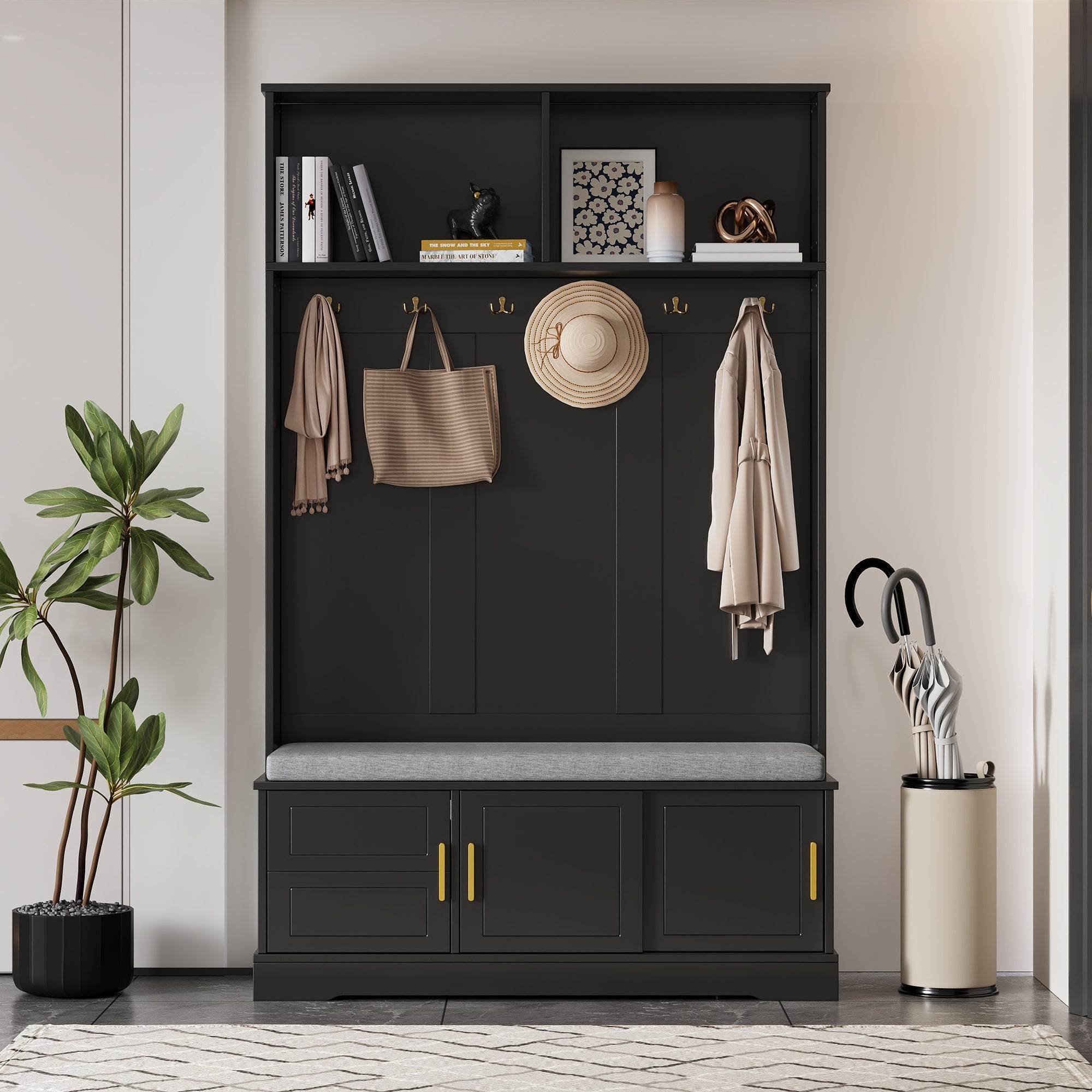 Logidon kapstok schoenenbank met 6 drievoudige haken zwart 120x40x191 cm