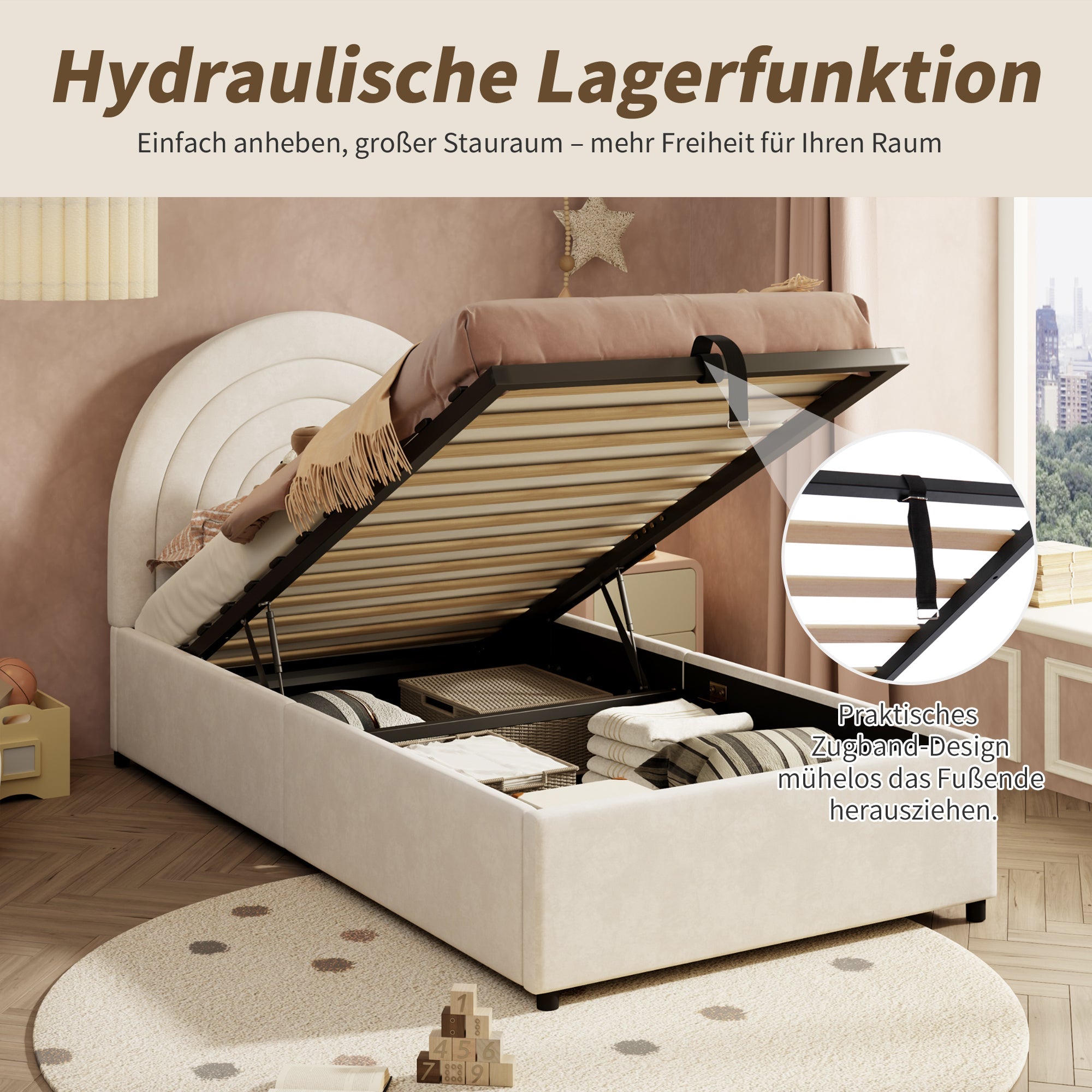 Logidon gestoffeerd bed 90x200 beige fluweel met lattenbodem
