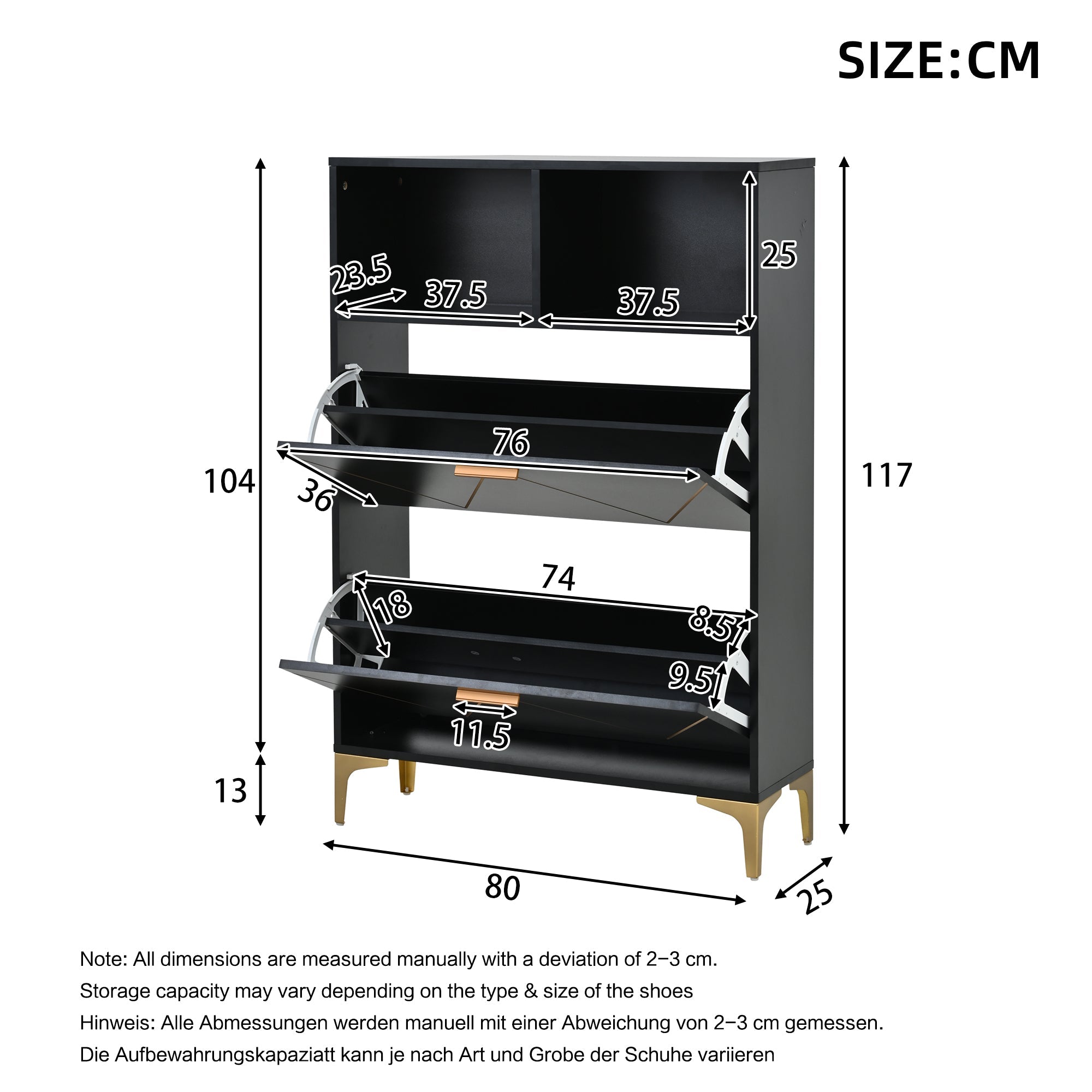 Logidon schoenenkast 80x25x117 cm zwart met vouwdeuren en vier schoenenplanken