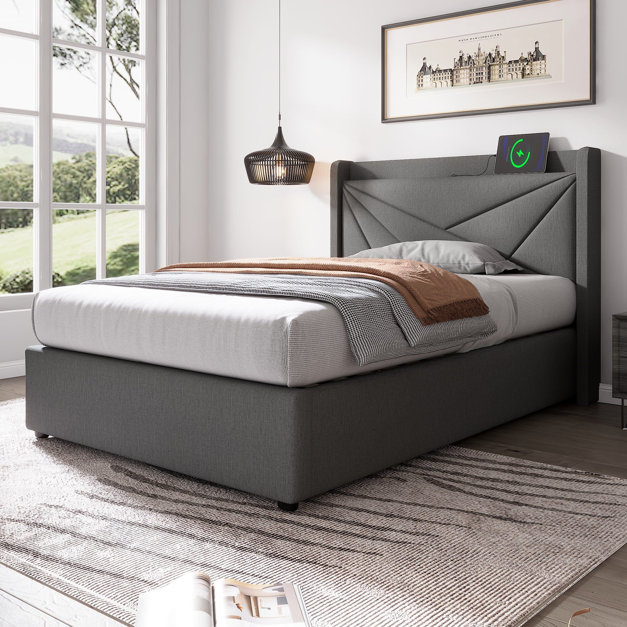 Logidon upholstered bed 90x200 storage space USB Type C charging function gray linen