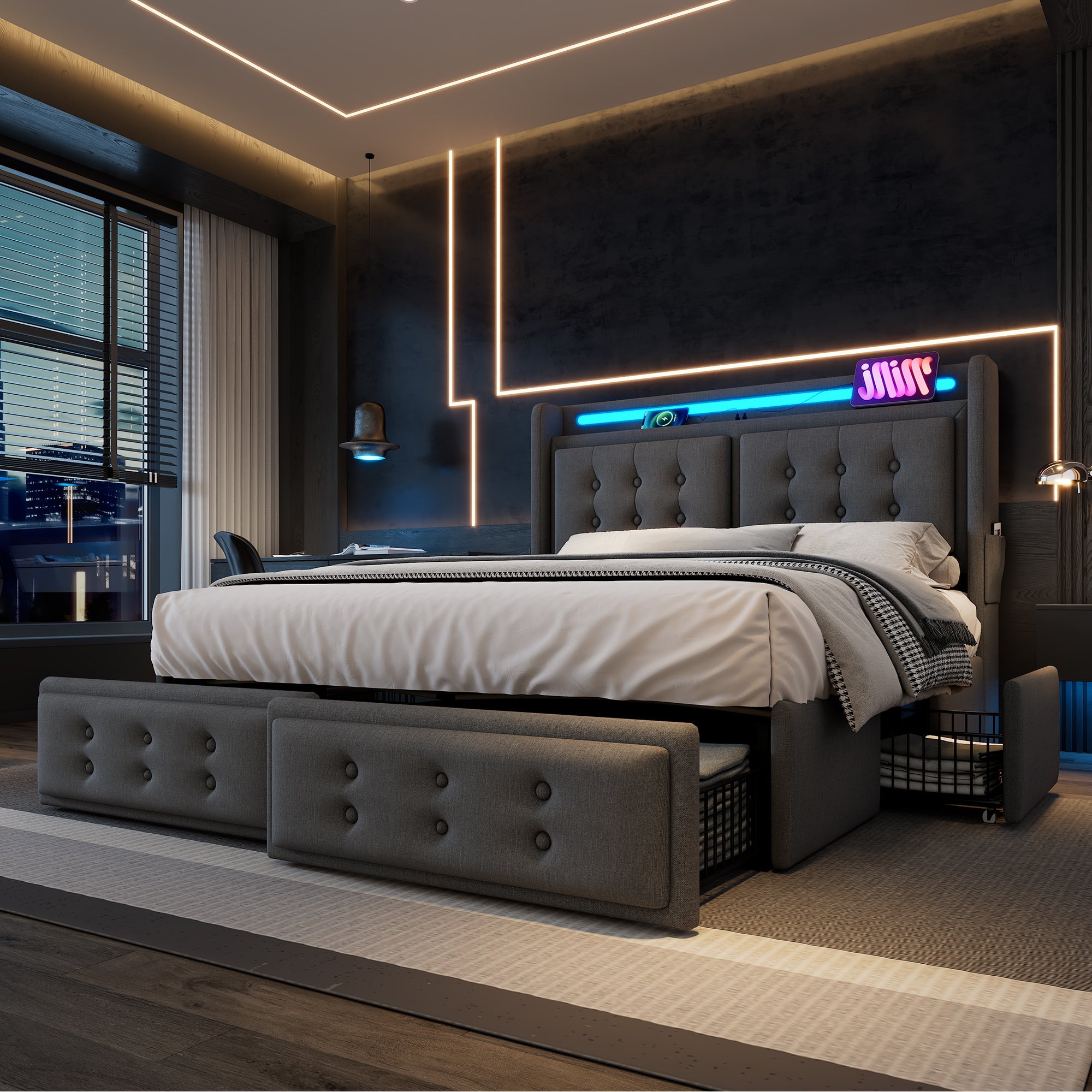 Logidon gestoffeerd bed 140x200 LED-hoofdeinde, USB-C, 4 laden, grijs