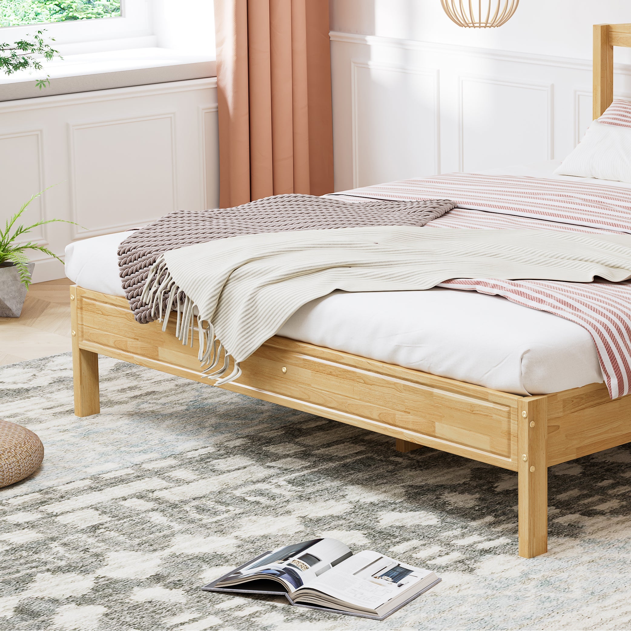 Logidon double bed 160x200 cm wood with natural rattan 15 slats