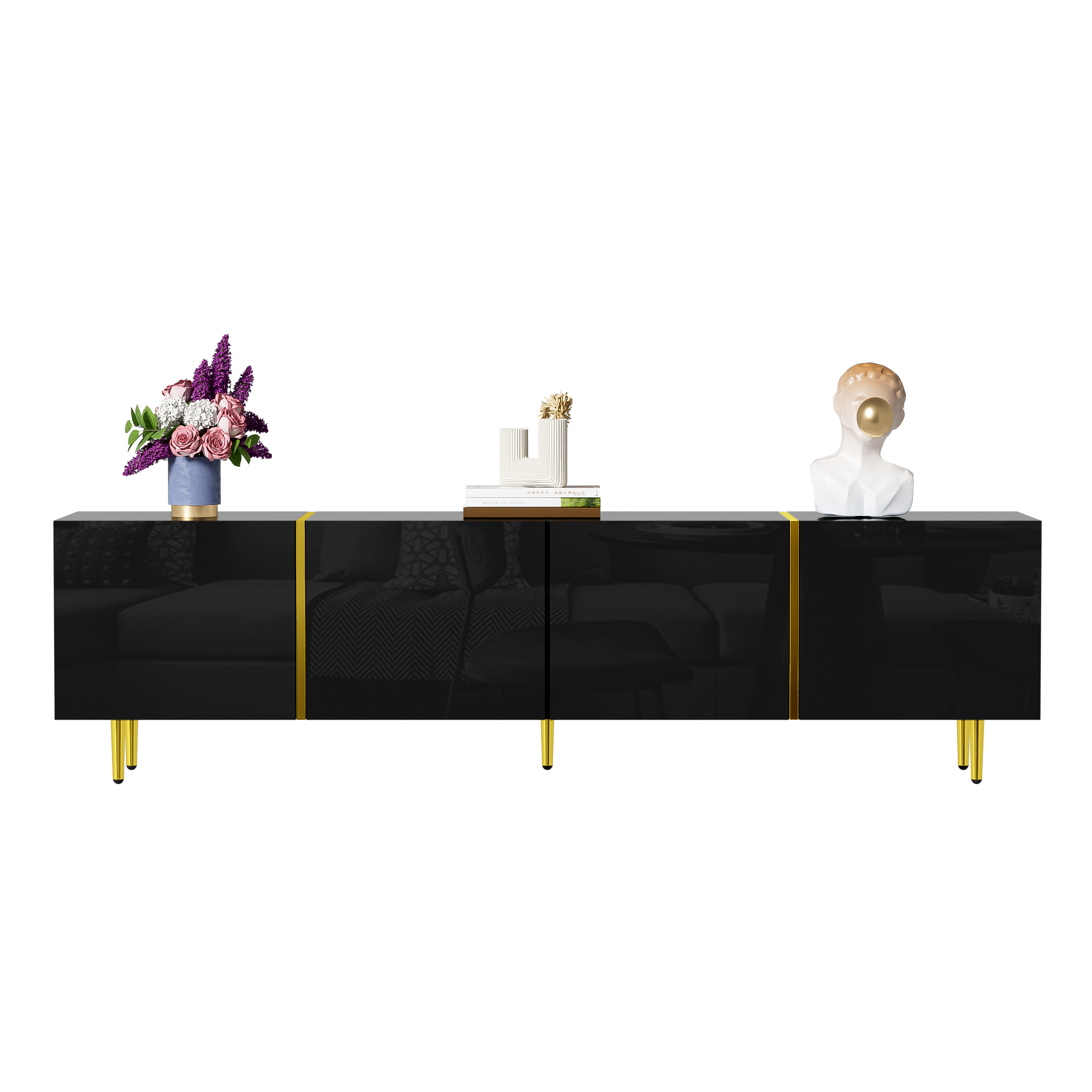 Logidon high-gloss TV cabinet 170 cm black-gold, 4 doors, modern