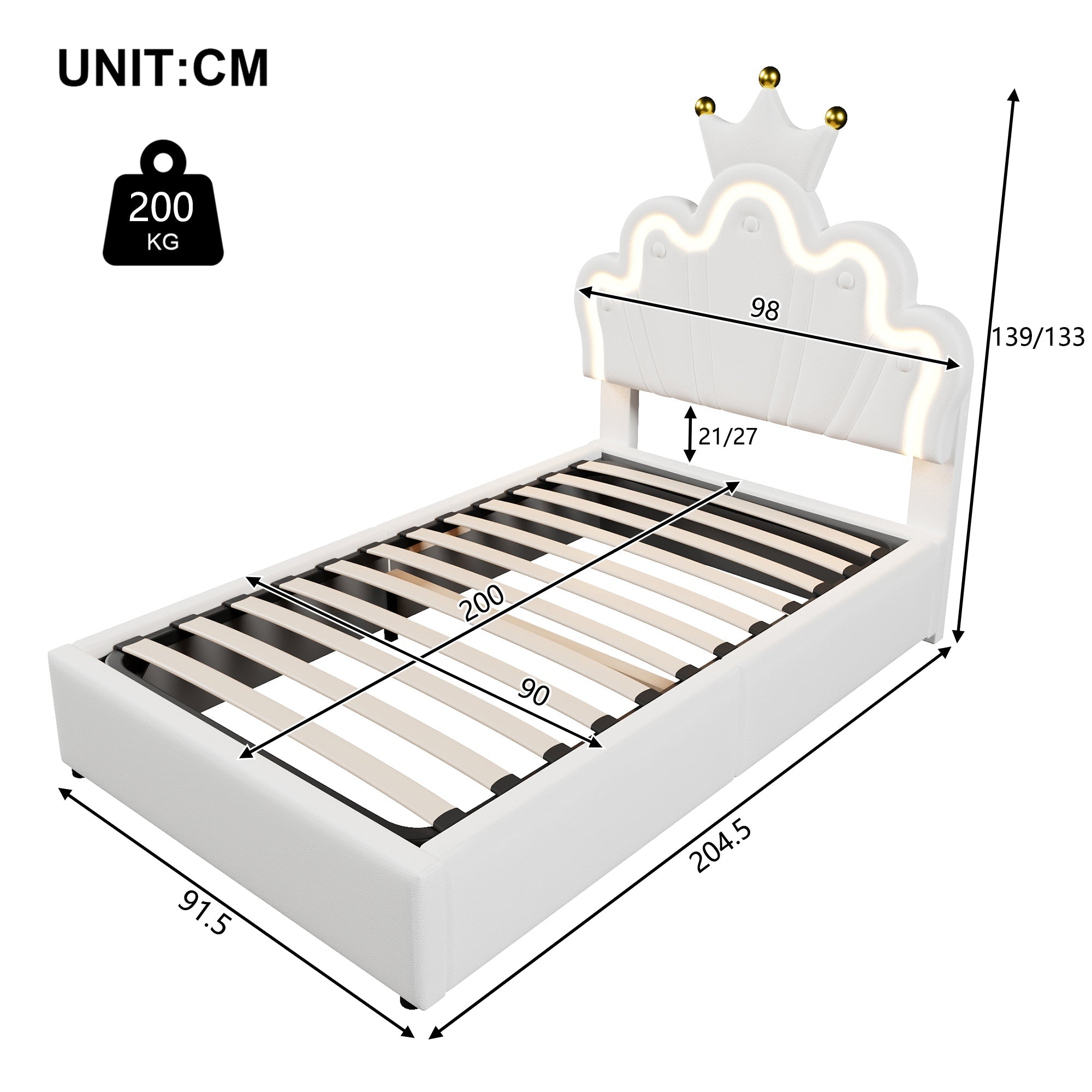 Logidon prinsessenbed 90x200 cm wit kunstleer LED-verlichting