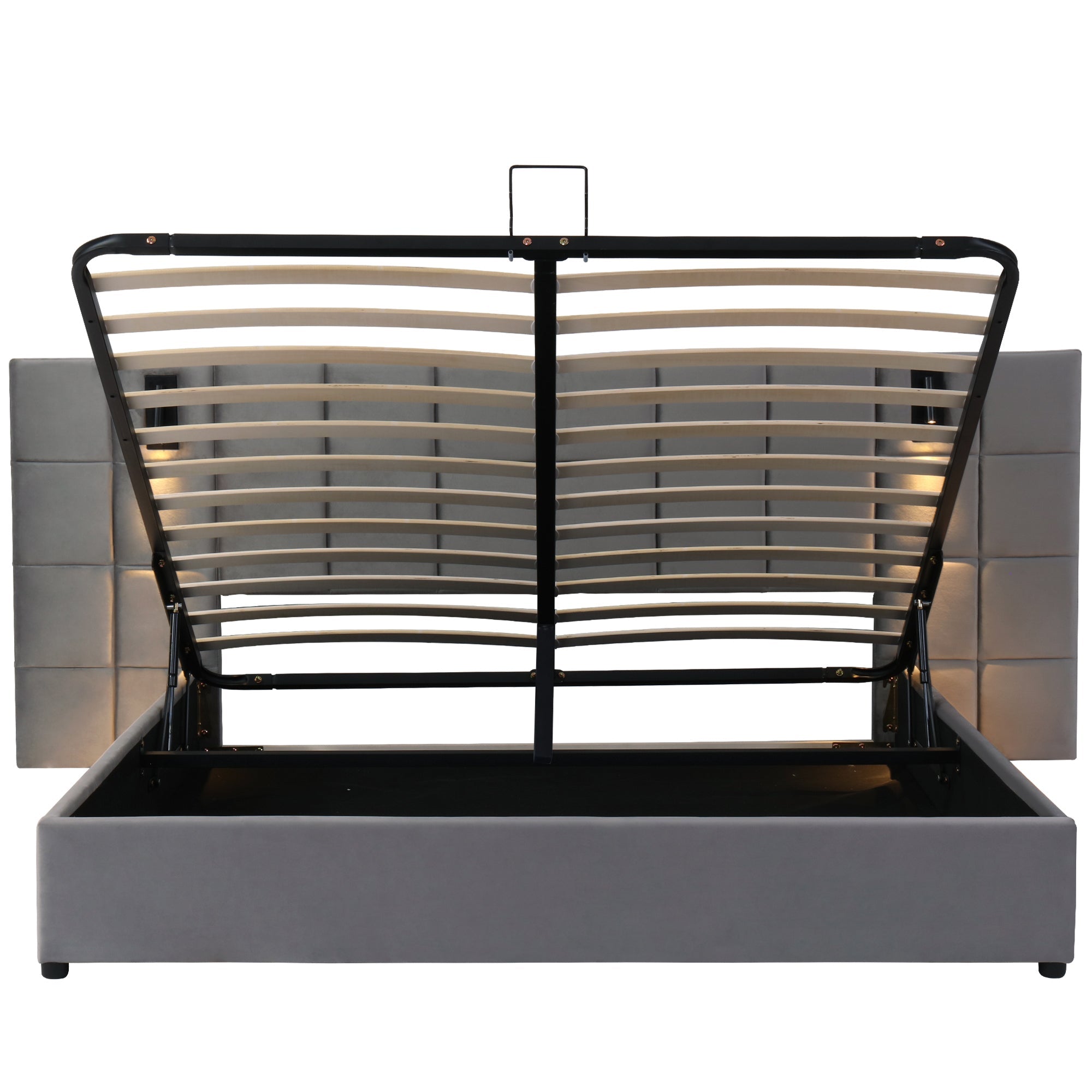 Logidon gestoffeerd bed 140x200 grijs hydraulische opbergruimte USB-leeslamp