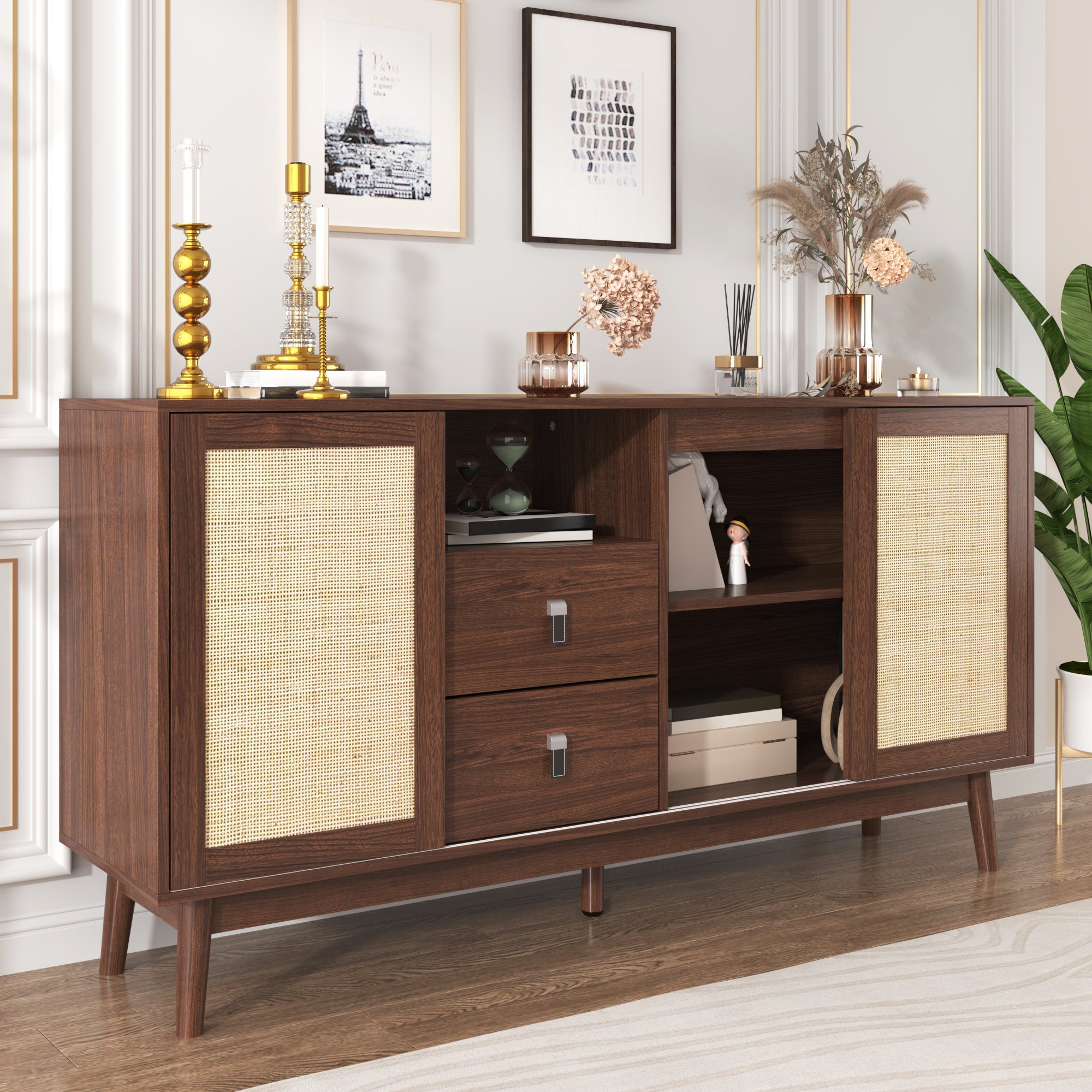 Logidon dressoir met rotan schuifdeuren en 2 lades 155x38x80 cm