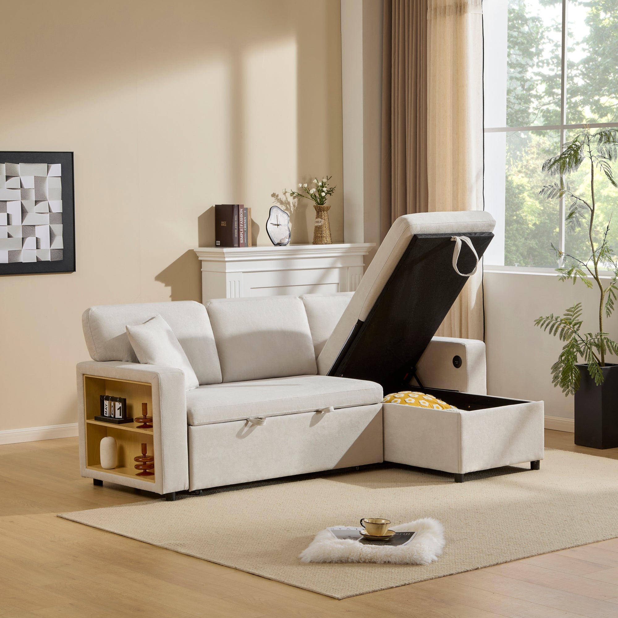 Logidon corner sofa bed L-shape extendable beige with bed box shelf