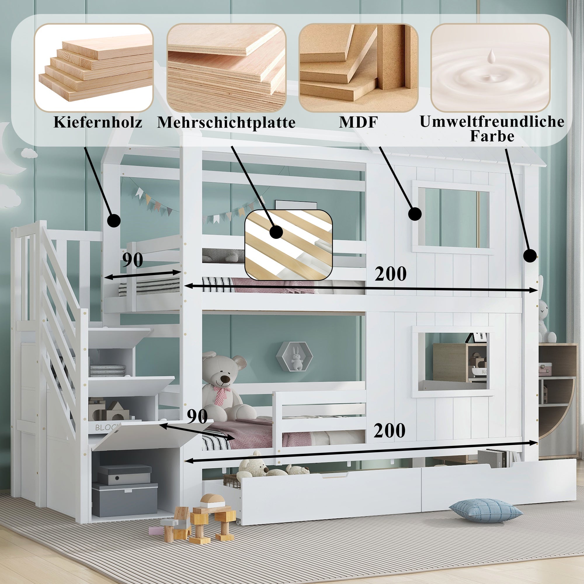 Logidon stapelbed kinderbed 90x200 wit met trapkast