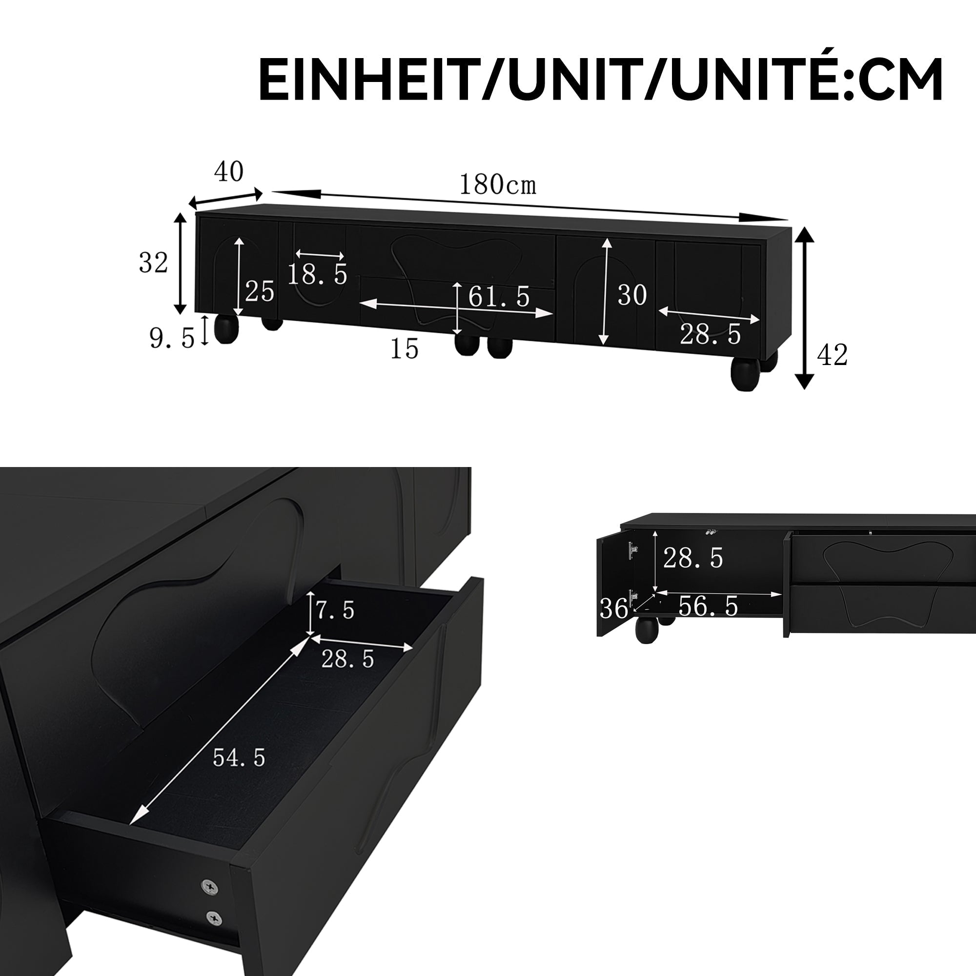 Logidon TV-meubel 180 cm Zwart Modern Kast met Houten Poten