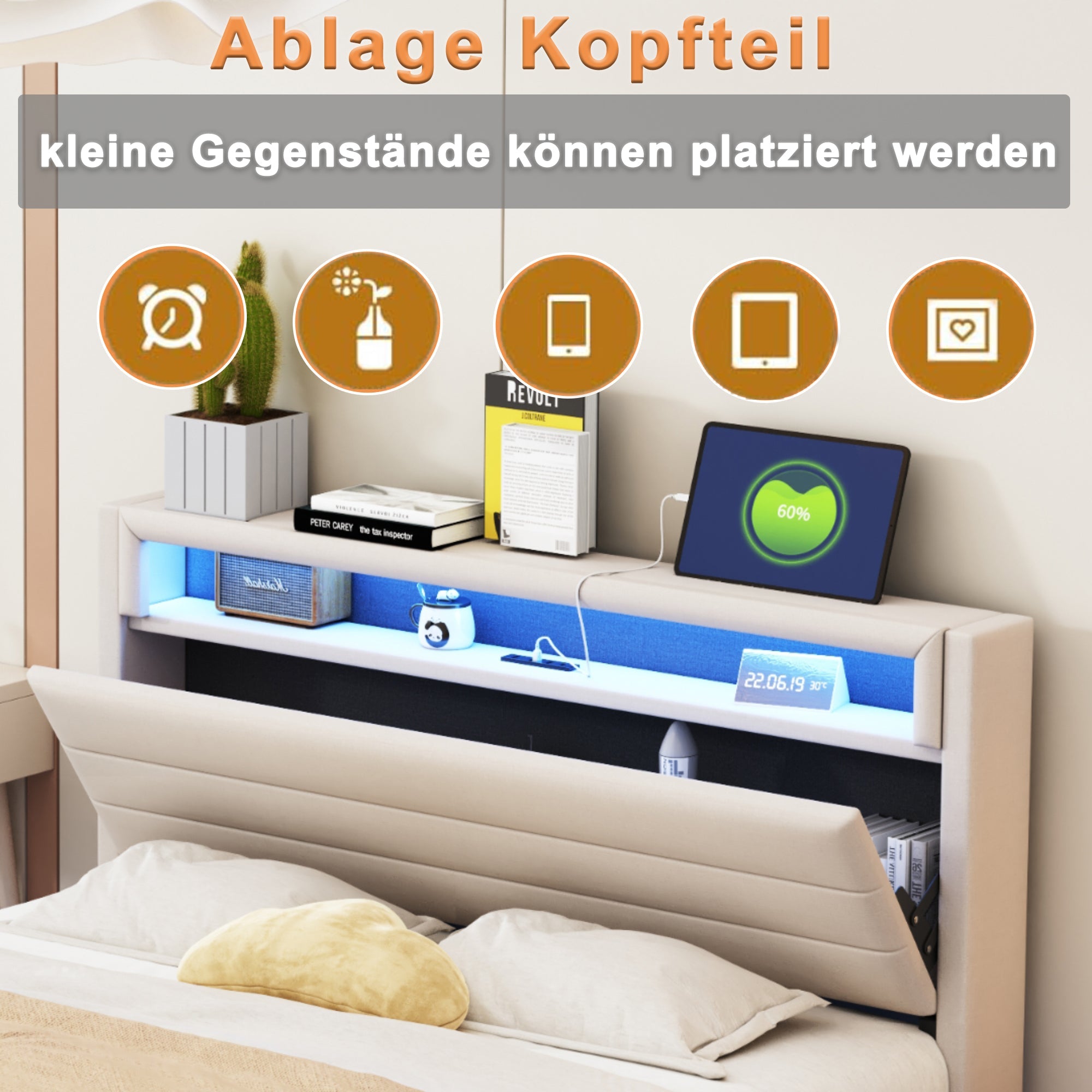 Logidon gestoffeerd bed 140x200 cm met USB oplaadpunt en LED lichtbeige