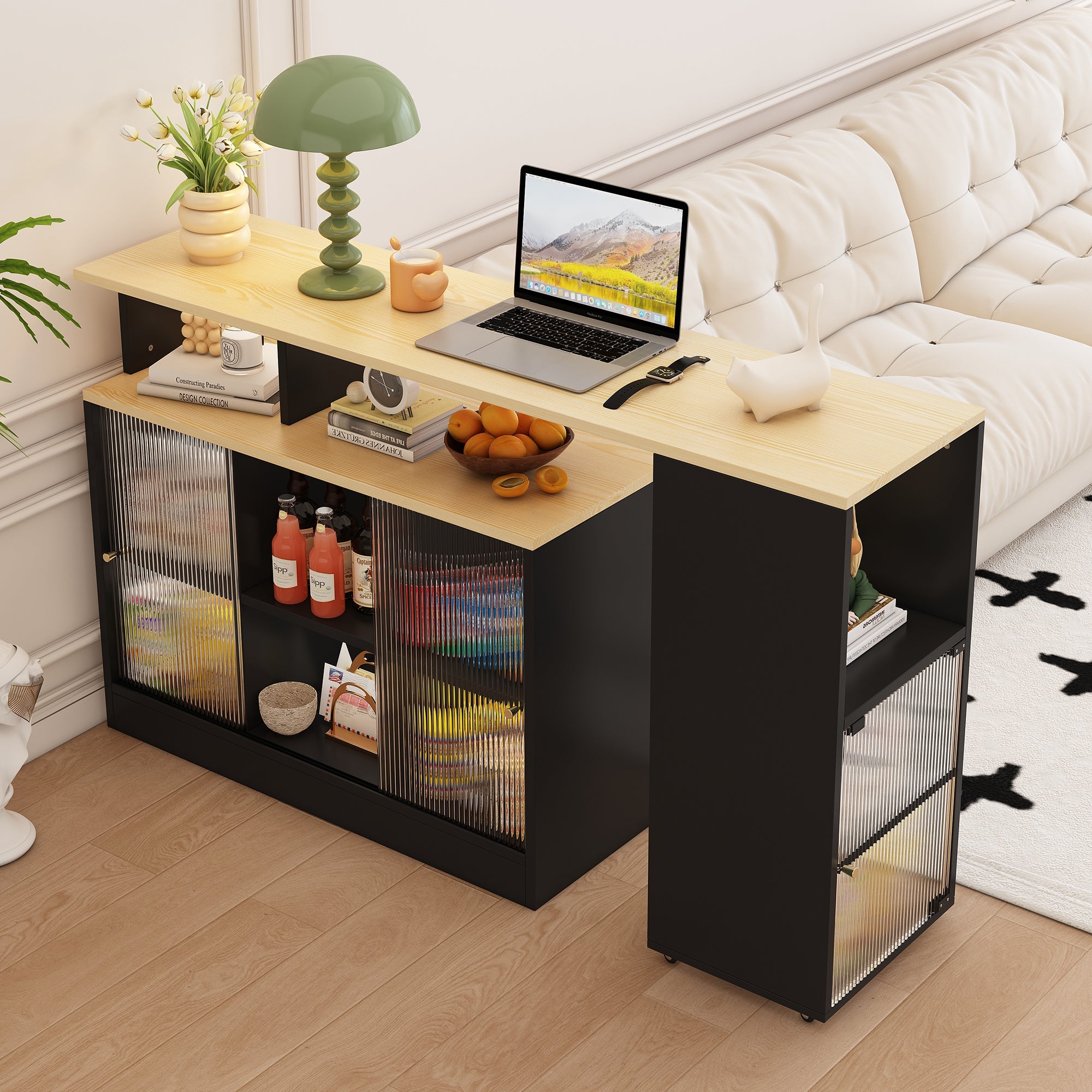 Logidon Uitschuifbare bartafel met opbergruimte Zwarte moderne bartafel