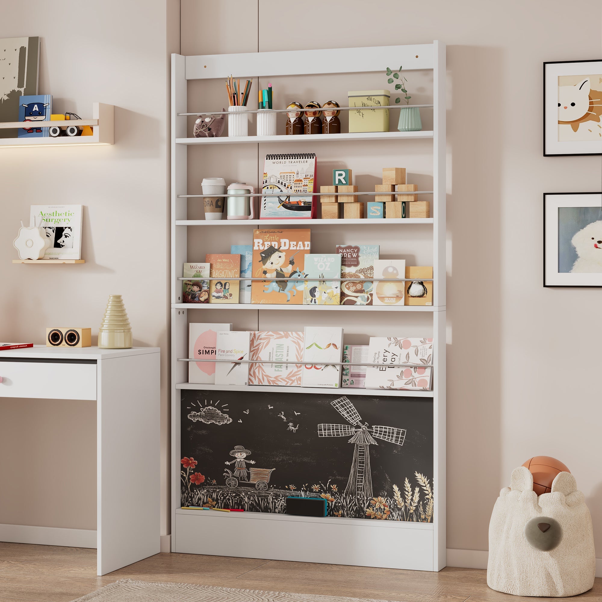 Logidon prentenboekenplank wit anti-tip zwart bord 100 x 10 x 180 cm